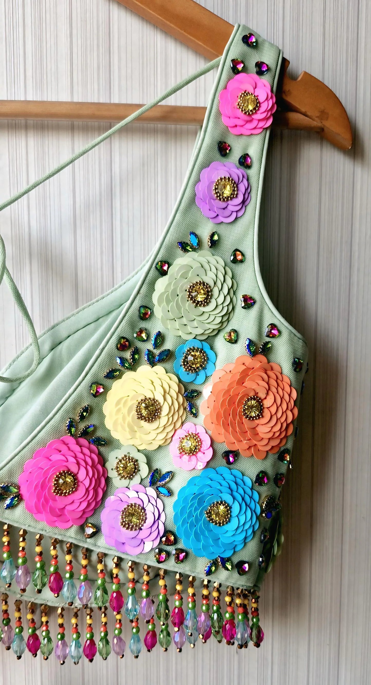 Hand Embroidered Mint Green Blouse, Multicolor Floral, Deep Sweetheart Neck DVBL_492