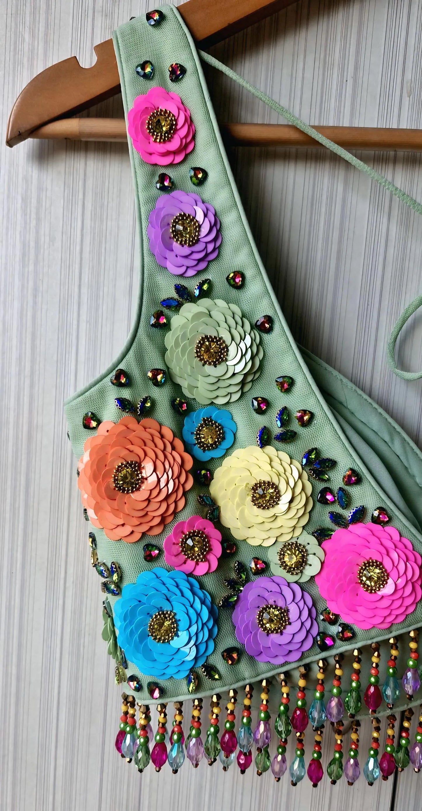 Hand Embroidered Mint Green Blouse, Multicolor Floral, Deep Sweetheart Neck DVBL_492