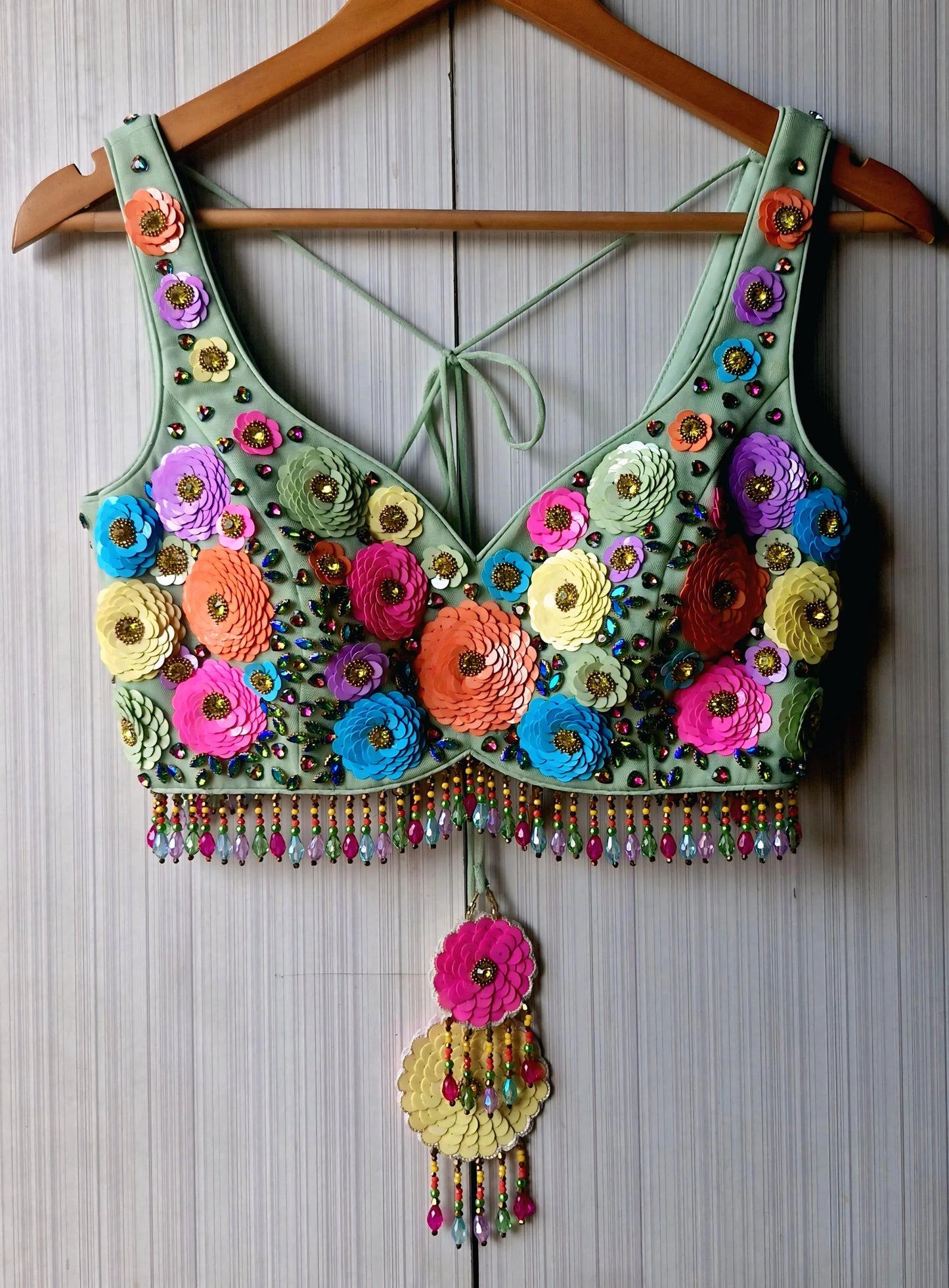 Hand Embroidered Mint Green Blouse, Multicolor Floral, Deep Sweetheart Neck DVBL_492