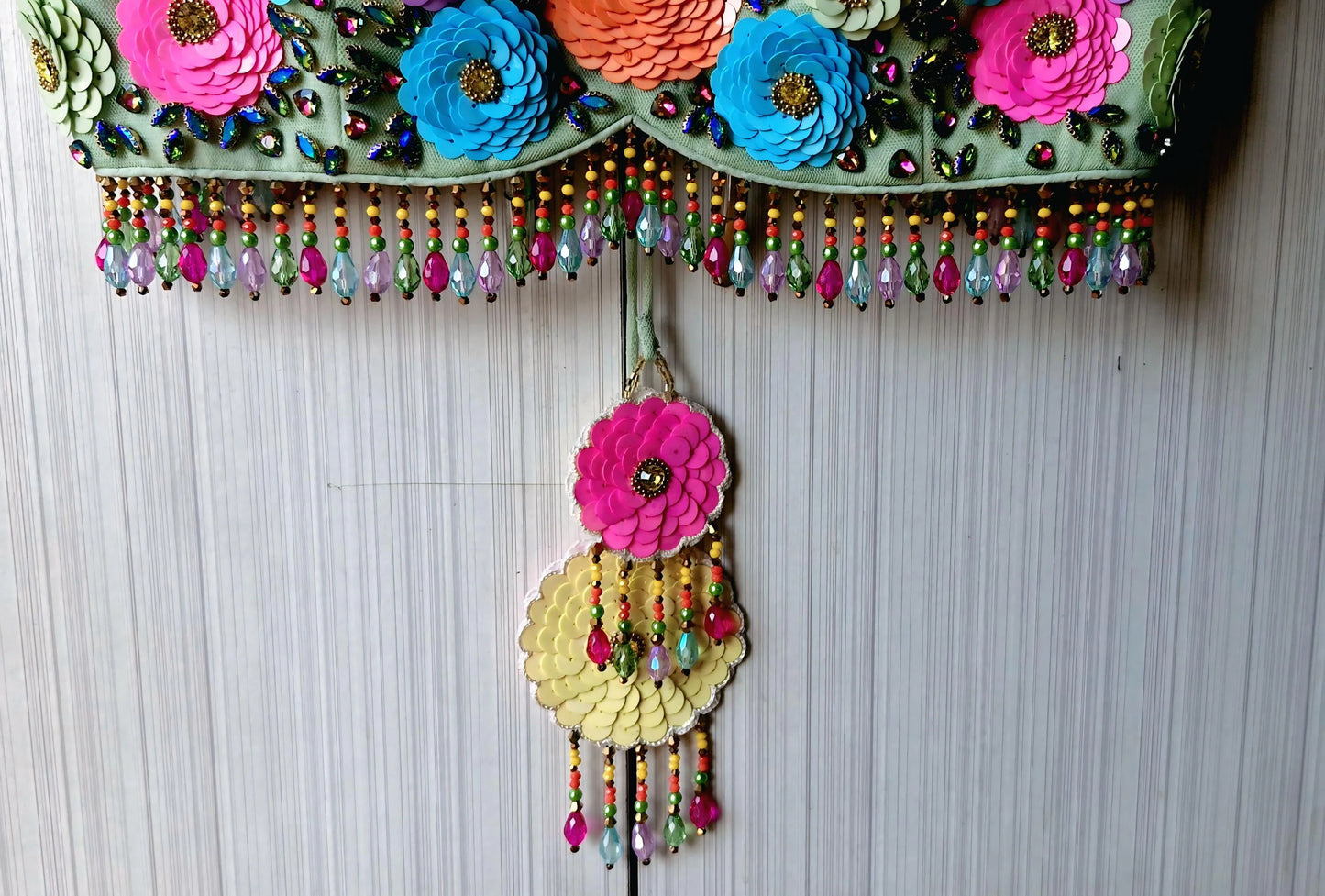 Hand Embroidered Mint Green Blouse, Multicolor Floral, Deep Sweetheart Neck DVBL_492