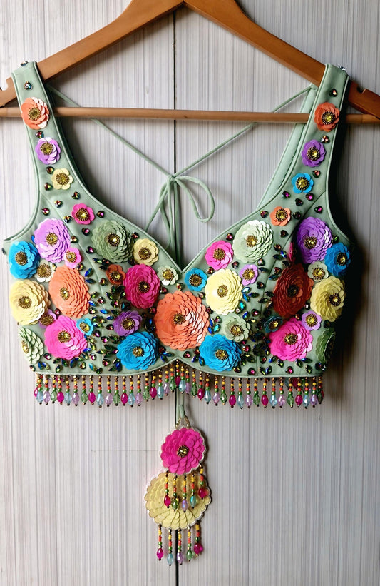 Hand Embroidered Mint Green Blouse, Multicolor Floral, Deep Sweetheart Neck DVBL_492