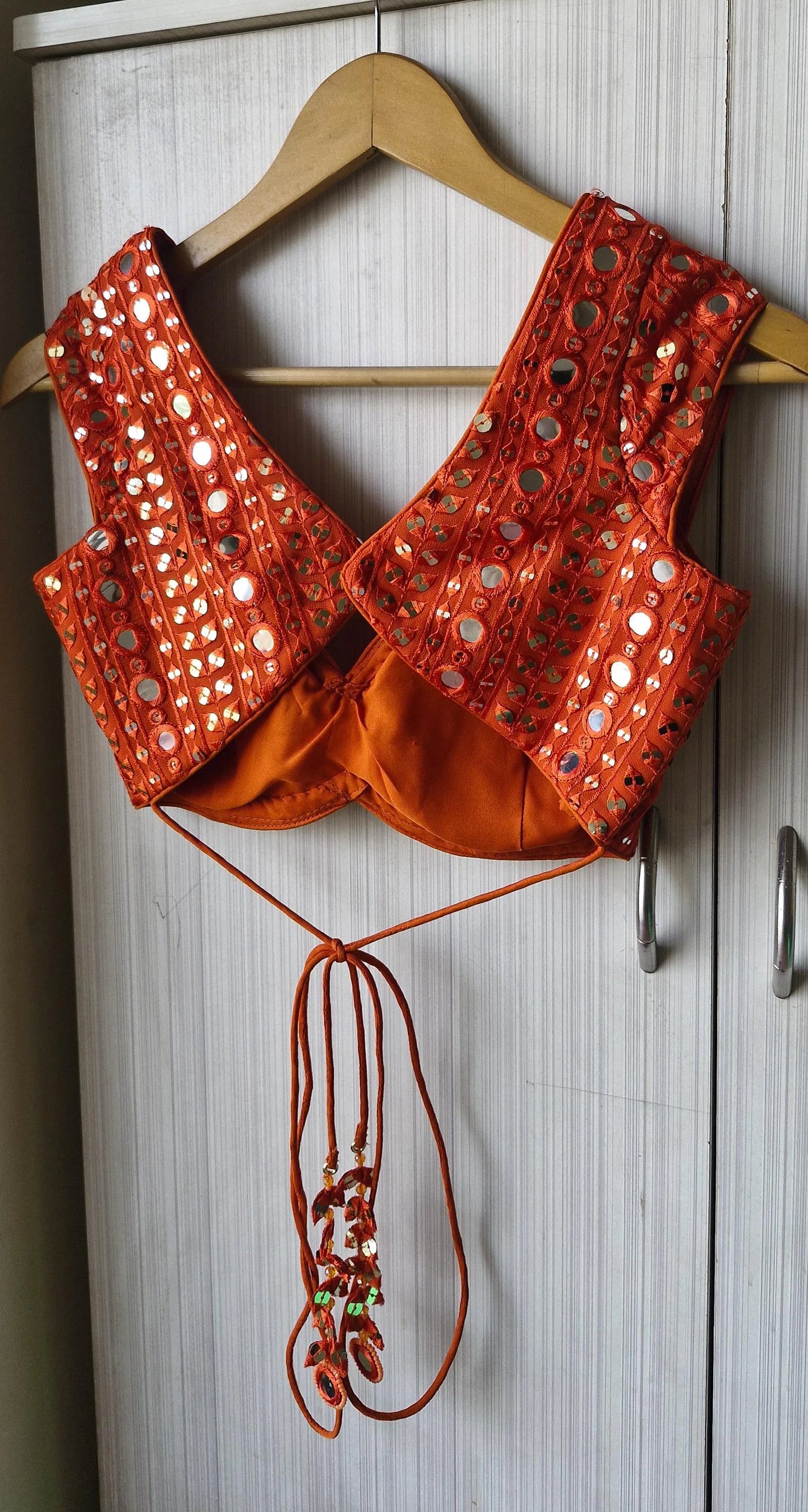 Burnt Orange Embroidered Georgette Saree Blouse, Cap Sleeves Sweetheart Neck DVBL_485