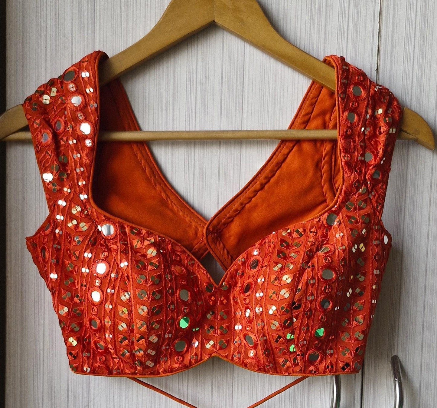 Burnt Orange Embroidered Georgette Saree Blouse, Cap Sleeves Sweetheart Neck DVBL_485