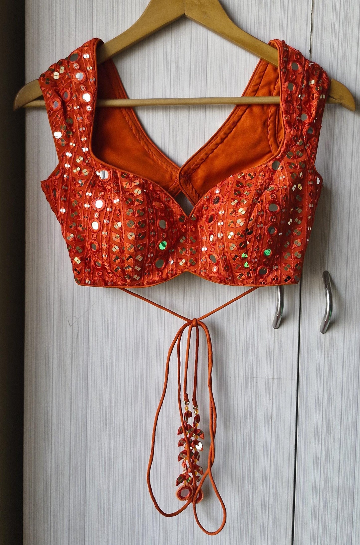 Burnt Orange Embroidered Georgette Saree Blouse, Cap Sleeves Sweetheart Neck DVBL_485