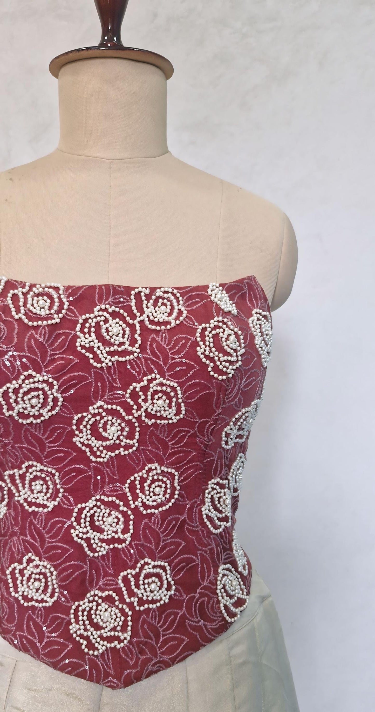 Dusty Rose Hand Embroidered Organza Corset Blouse Strapless DVCB_016