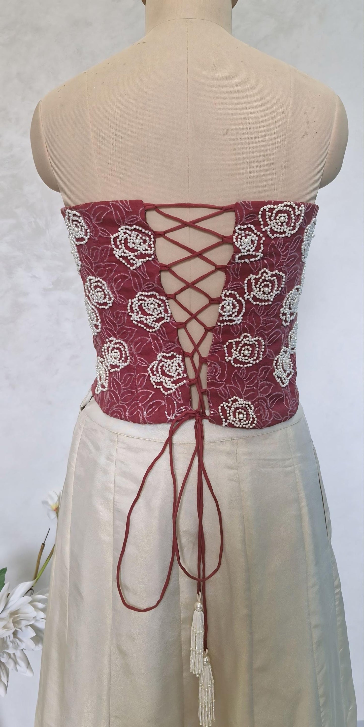 Dusty Rose Hand Embroidered Organza Corset Blouse Strapless DVCB_016