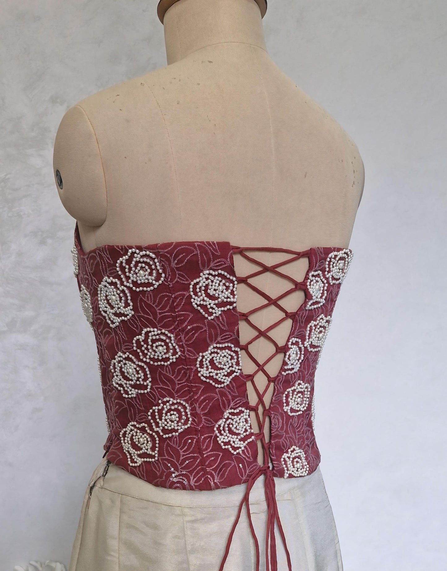 Dusty Rose Hand Embroidered Organza Corset Blouse Strapless DVCB_016