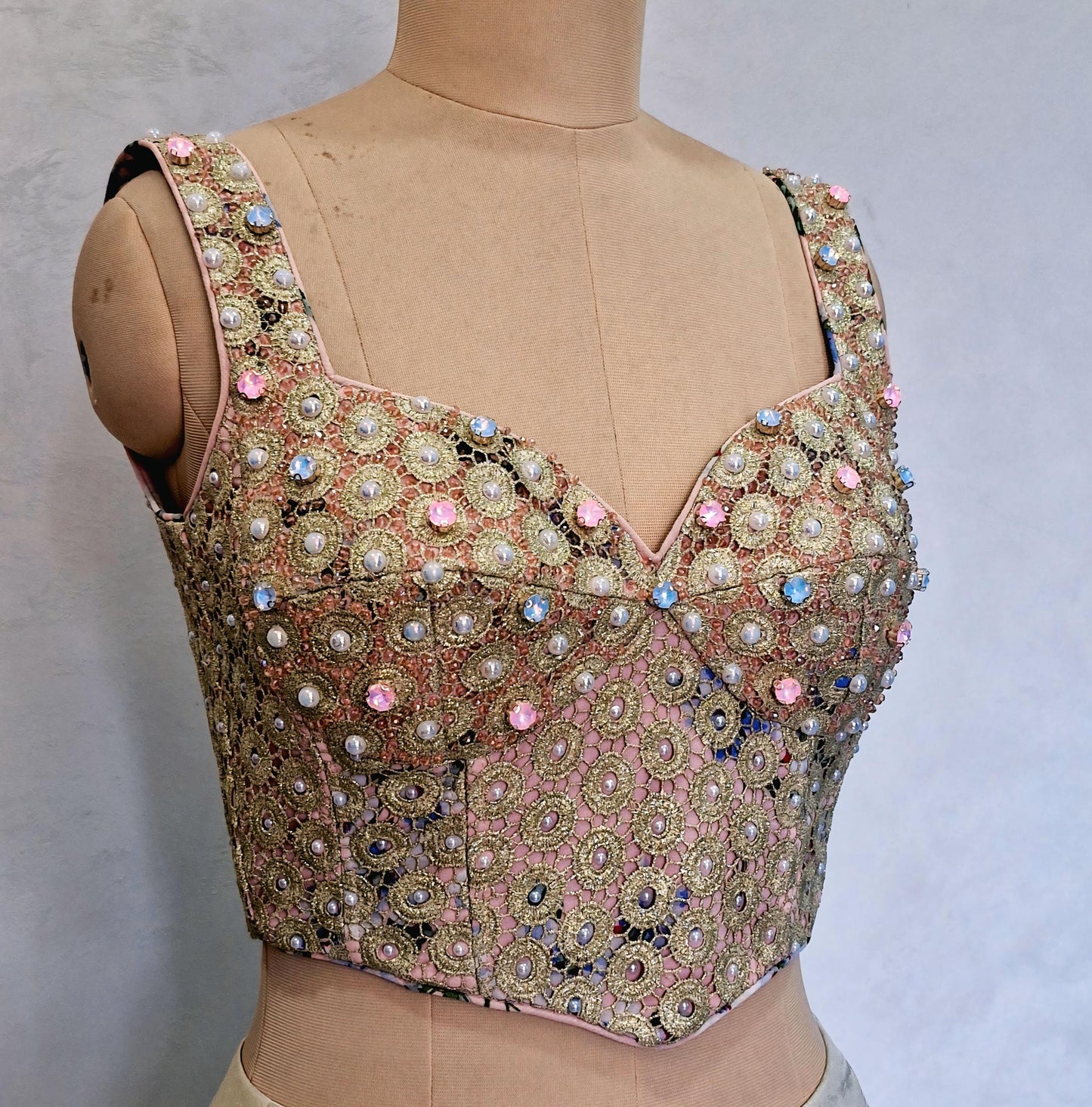 Peach Gold Hand Embroidered Georgette Corset Blouse Sleeveless DVCB_015