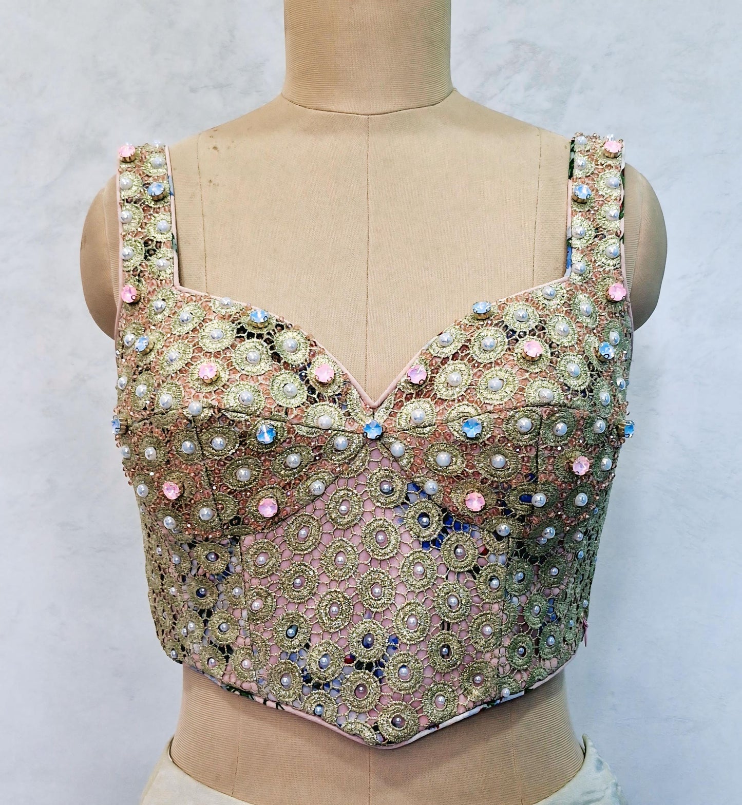 Peach Gold Hand Embroidered Georgette Corset Blouse Sleeveless DVCB_015