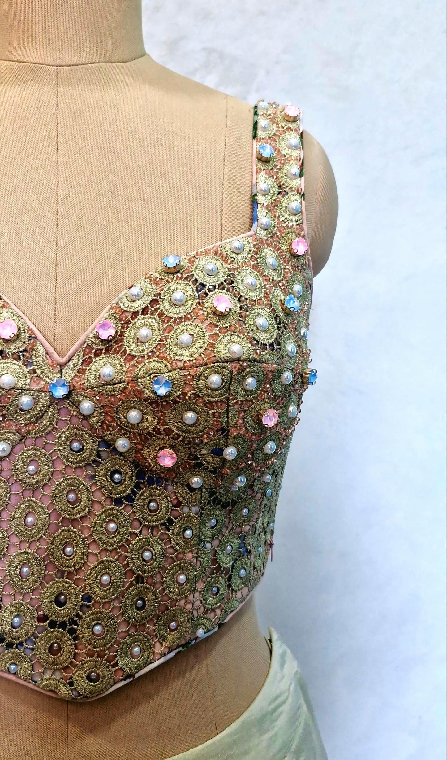 Peach Gold Hand Embroidered Georgette Corset Blouse Sleeveless DVCB_015