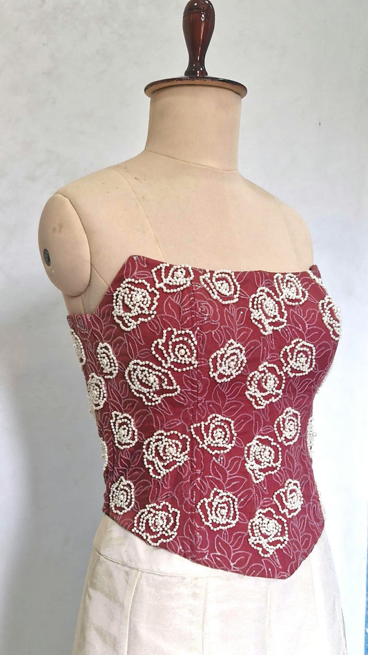 Dusty Rose Hand Embroidered Organza Corset Blouse Strapless DVCB_016