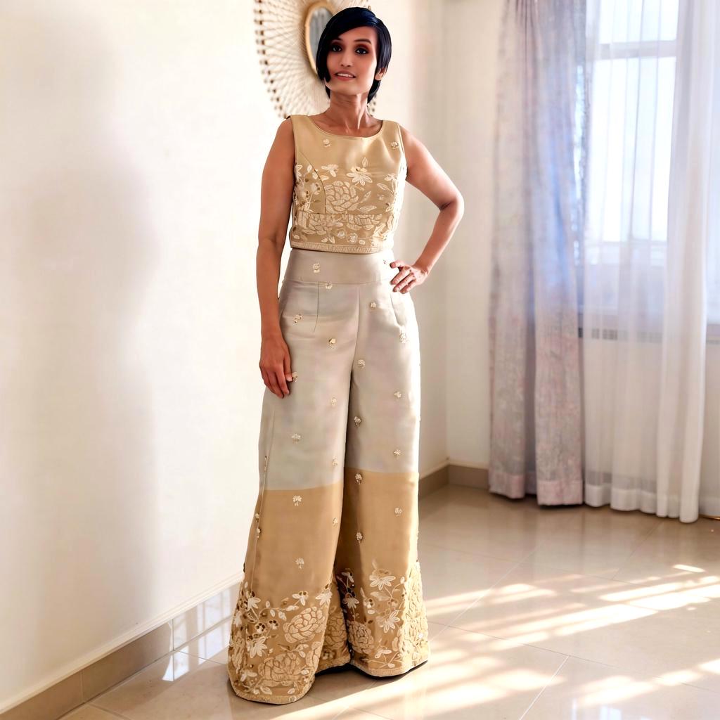Gold Silver Embroidered Tissue Silk Pants, Top Co-ord Set DVCW_004