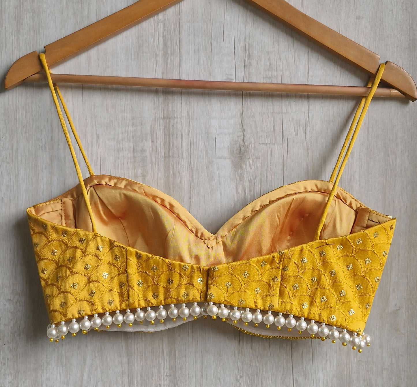 Mustard Embroidered Silk Saree Blouse, Pearl Fringes Spaghetti Bralette DVBL_494