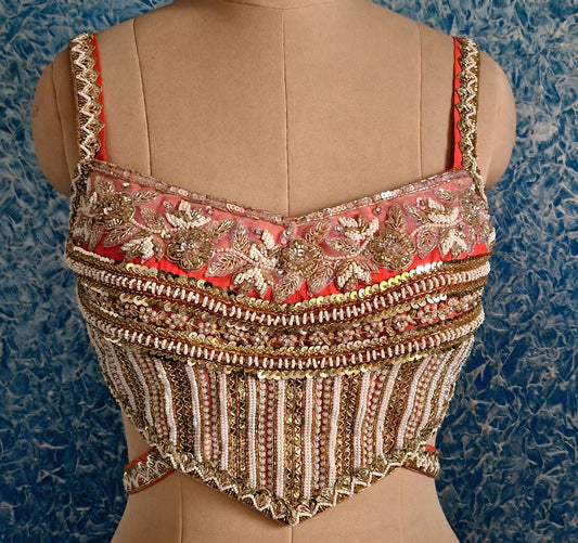 Hand Embroidered Coral Raw Silk Indian Saree Blouse, Sleeveless Backless DVBL_495