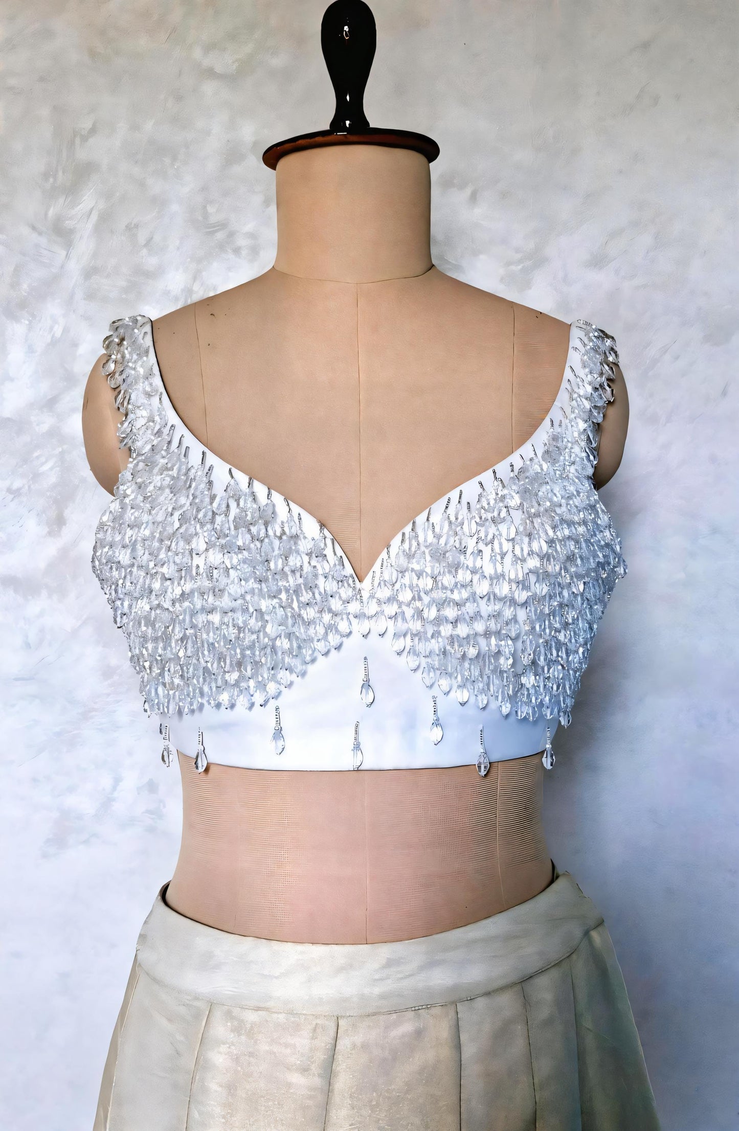 Hand Embroidered White Blouse, Hanging Beads Embellishment, Deep Sweetheart Neck DVBL_486
