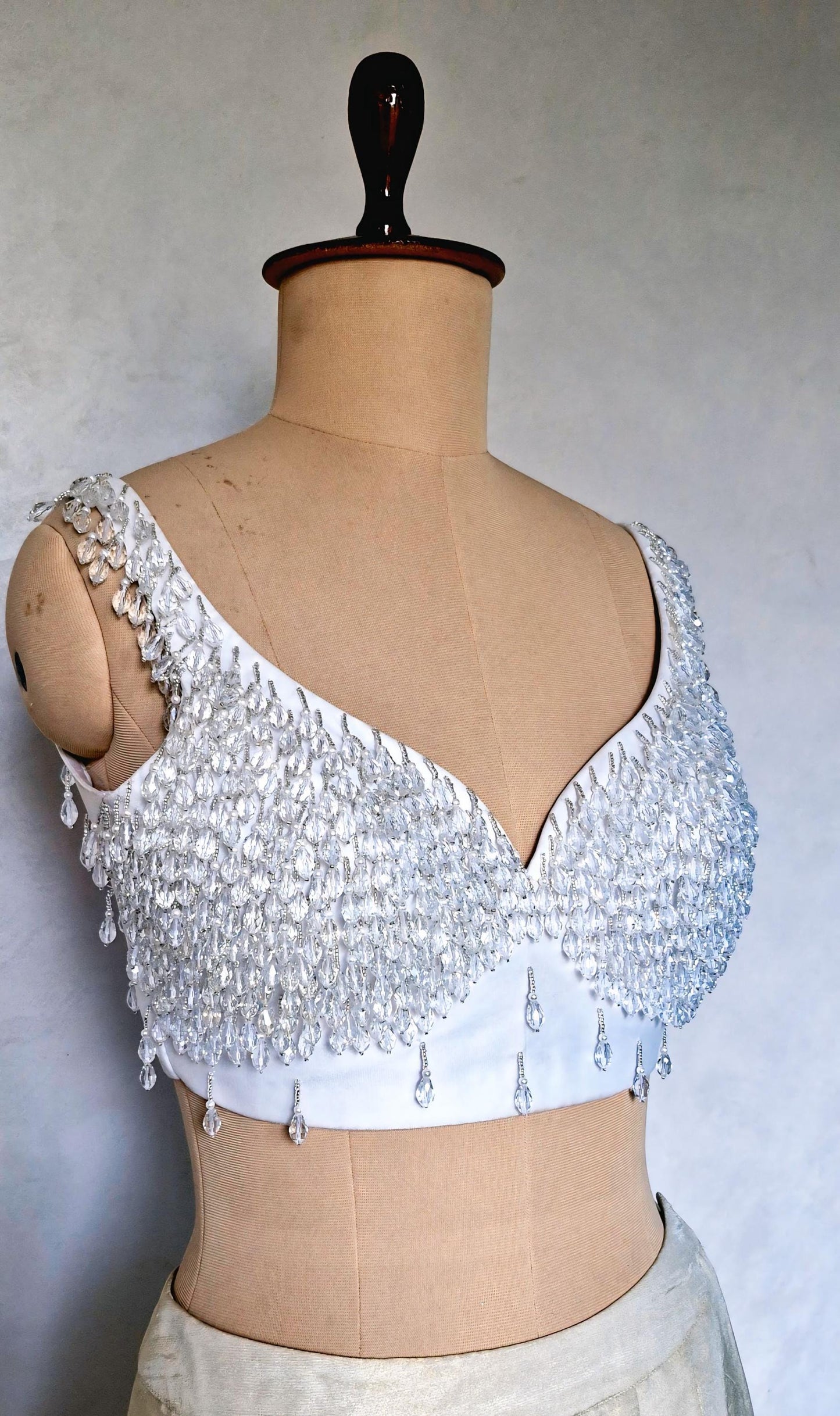 Hand Embroidered White Blouse, Hanging Beads Embellishment, Deep Sweetheart Neck DVBL_486