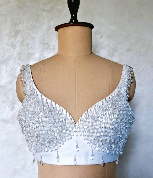 Hand Embroidered White Blouse, Hanging Beads Embellishment, Deep Sweetheart Neck DVBL_486