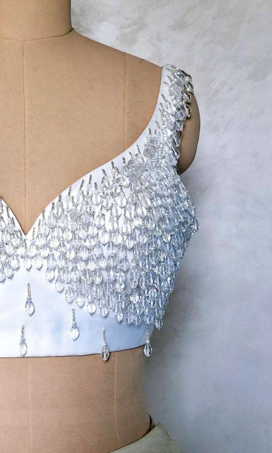 Hand Embroidered White Blouse, Hanging Beads Embellishment, Deep Sweetheart Neck DVBL_486