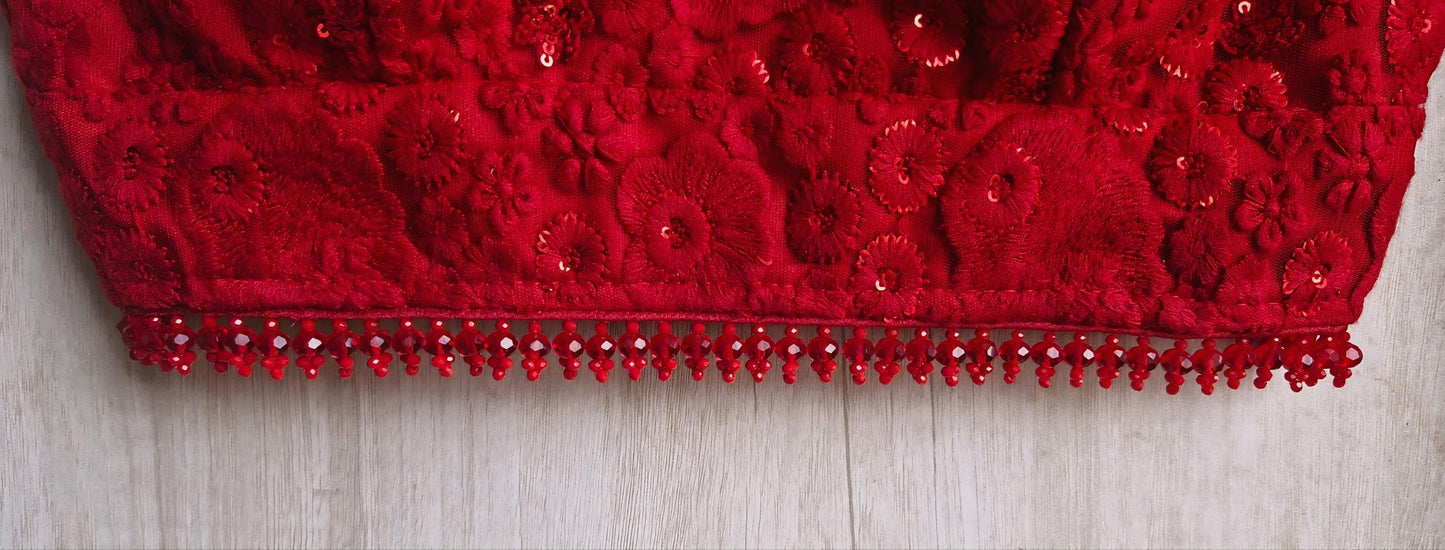 Deep Red Embroidered Net Spaghetti Saree Blouse DVBL_487