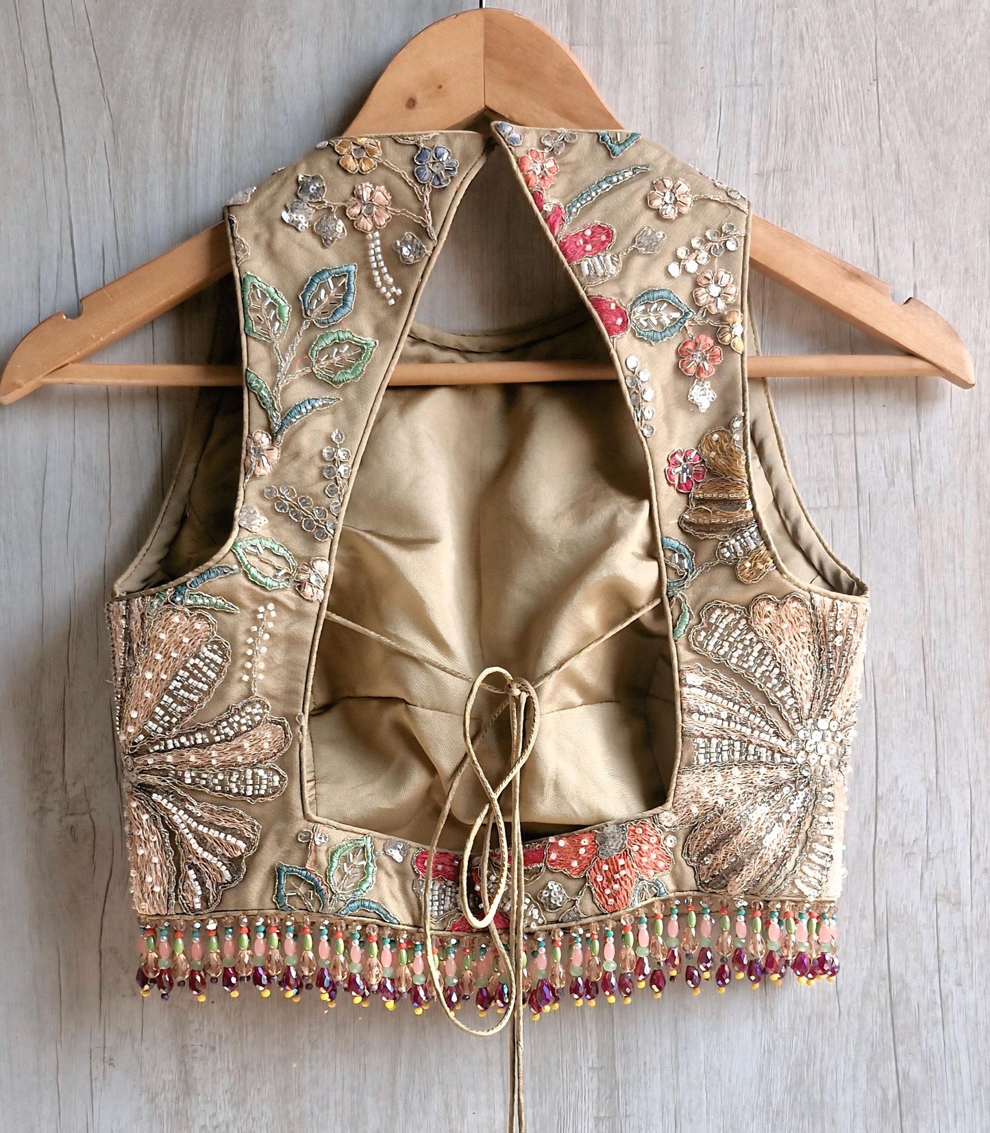 Earthy Taupe Embroidered Saree Blouse, Jewel Neck, Beads Fringes Bridal Lehenga Top DVBL_488