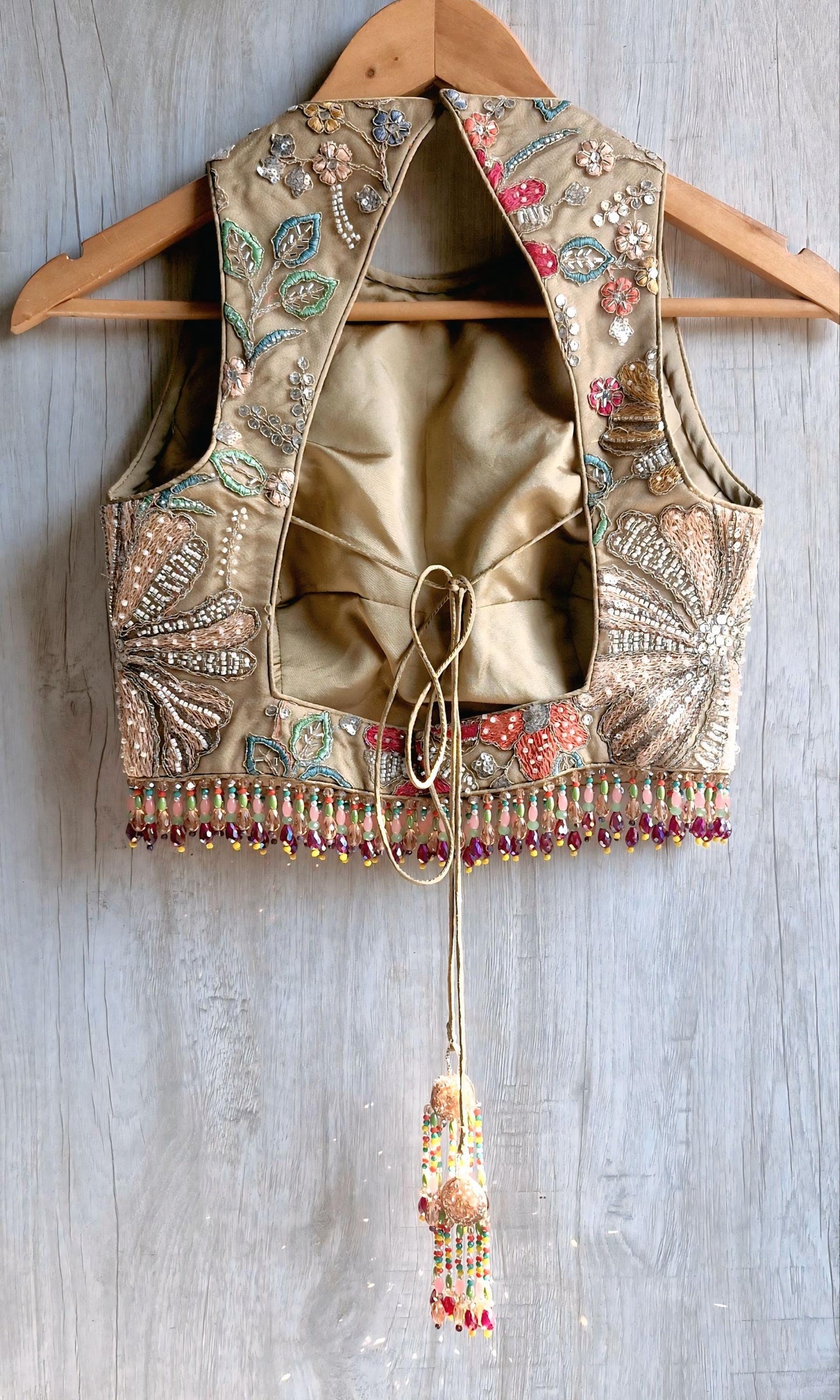 Earthy Taupe Embroidered Saree Blouse, Jewel Neck, Beads Fringes Bridal Lehenga Top DVBL_488