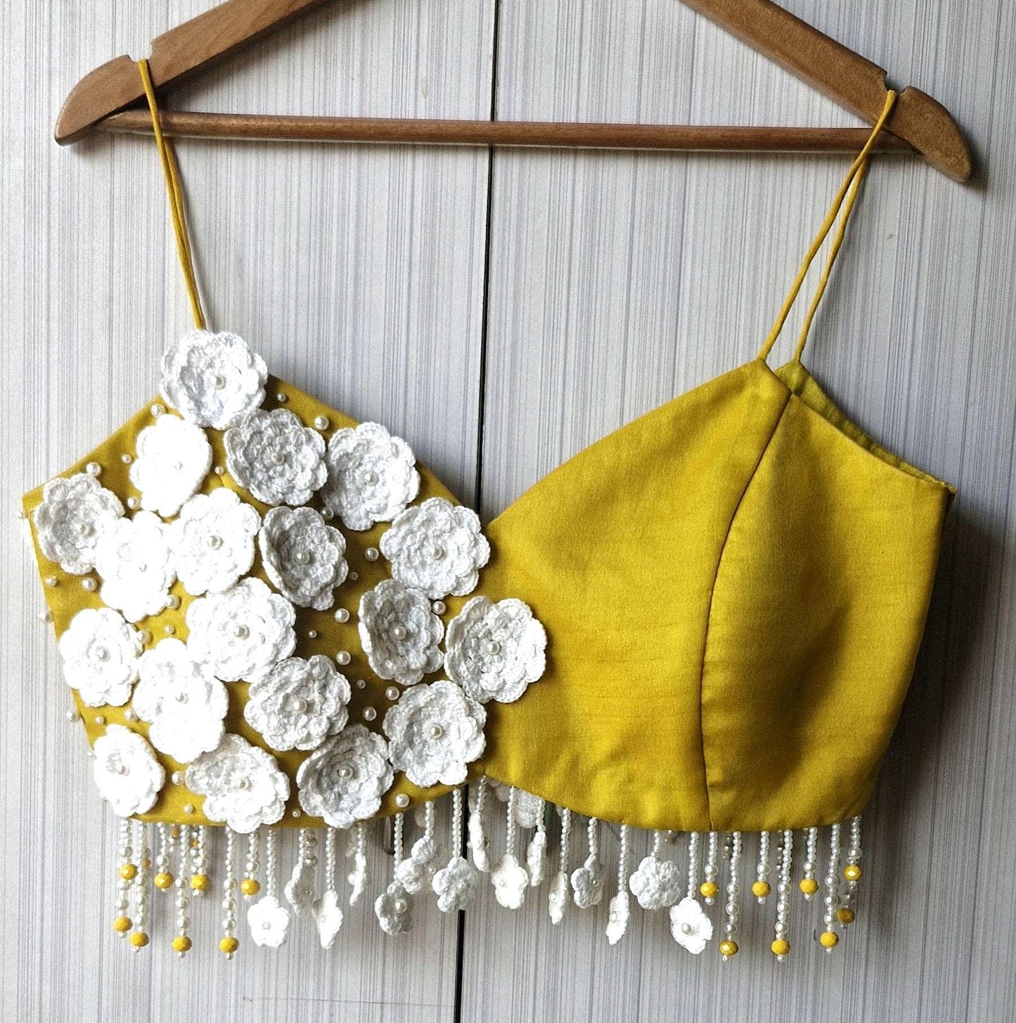 Mustard Embroidered Organza Saree Blouse, Crotchet Flowers Fringes Spaghetti DVBL_497
