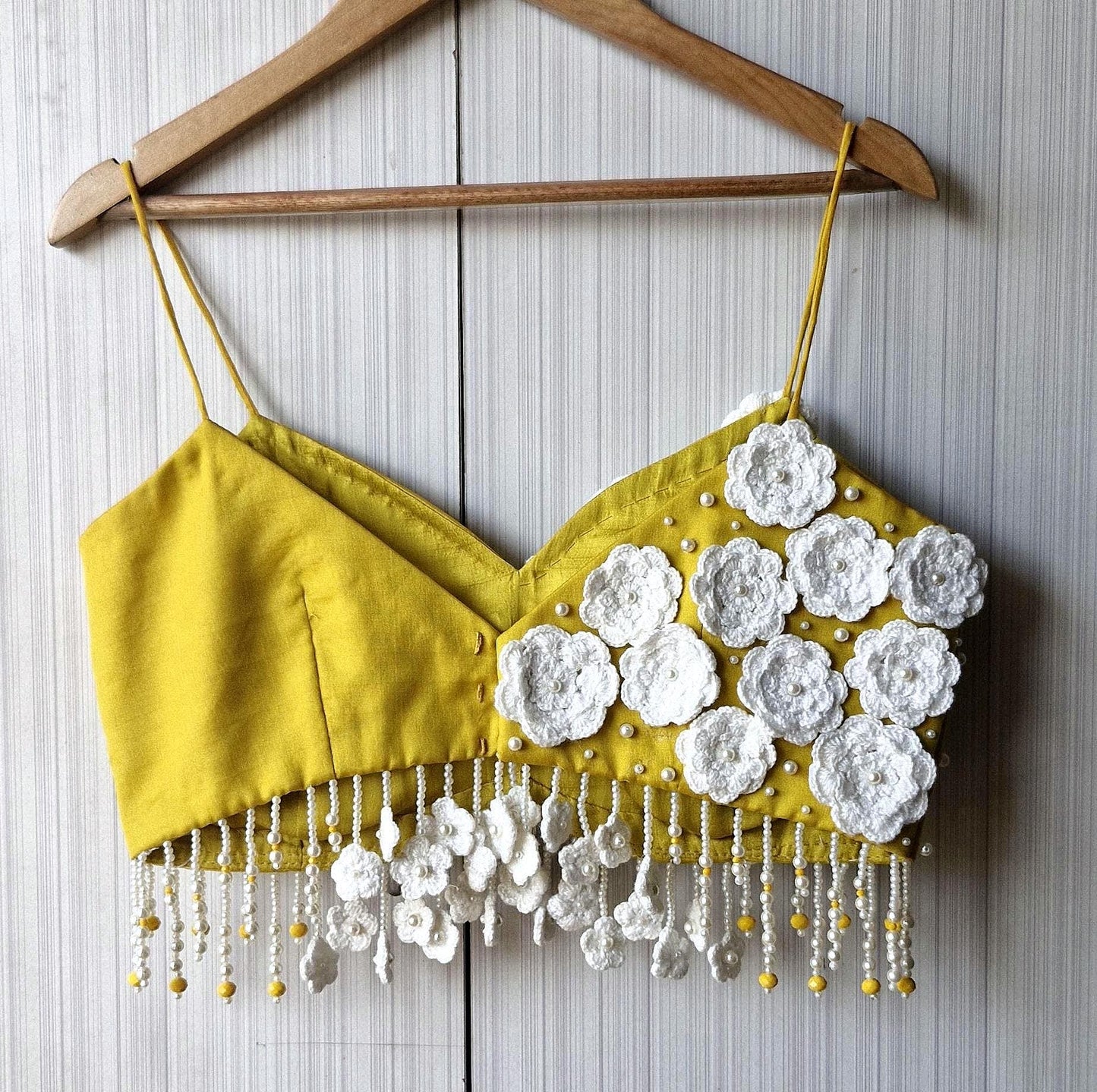 Mustard Embroidered Organza Saree Blouse, Crotchet Flowers Fringes Spaghetti DVBL_497