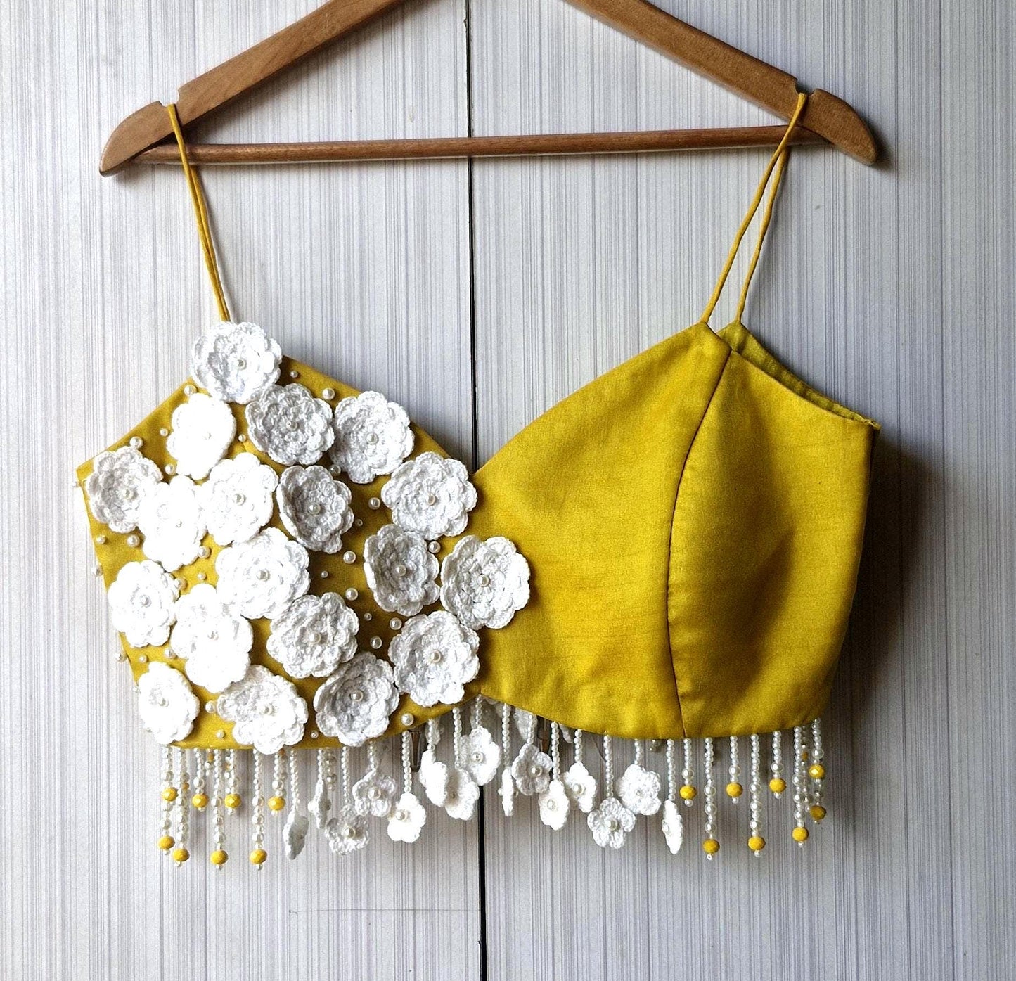 Mustard Embroidered Organza Saree Blouse, Crotchet Flowers Fringes Spaghetti DVBL_497
