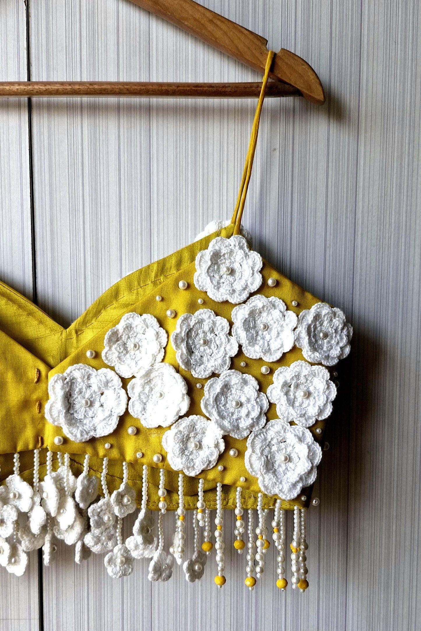 Mustard Embroidered Organza Saree Blouse, Crotchet Flowers Fringes Spaghetti DVBL_497