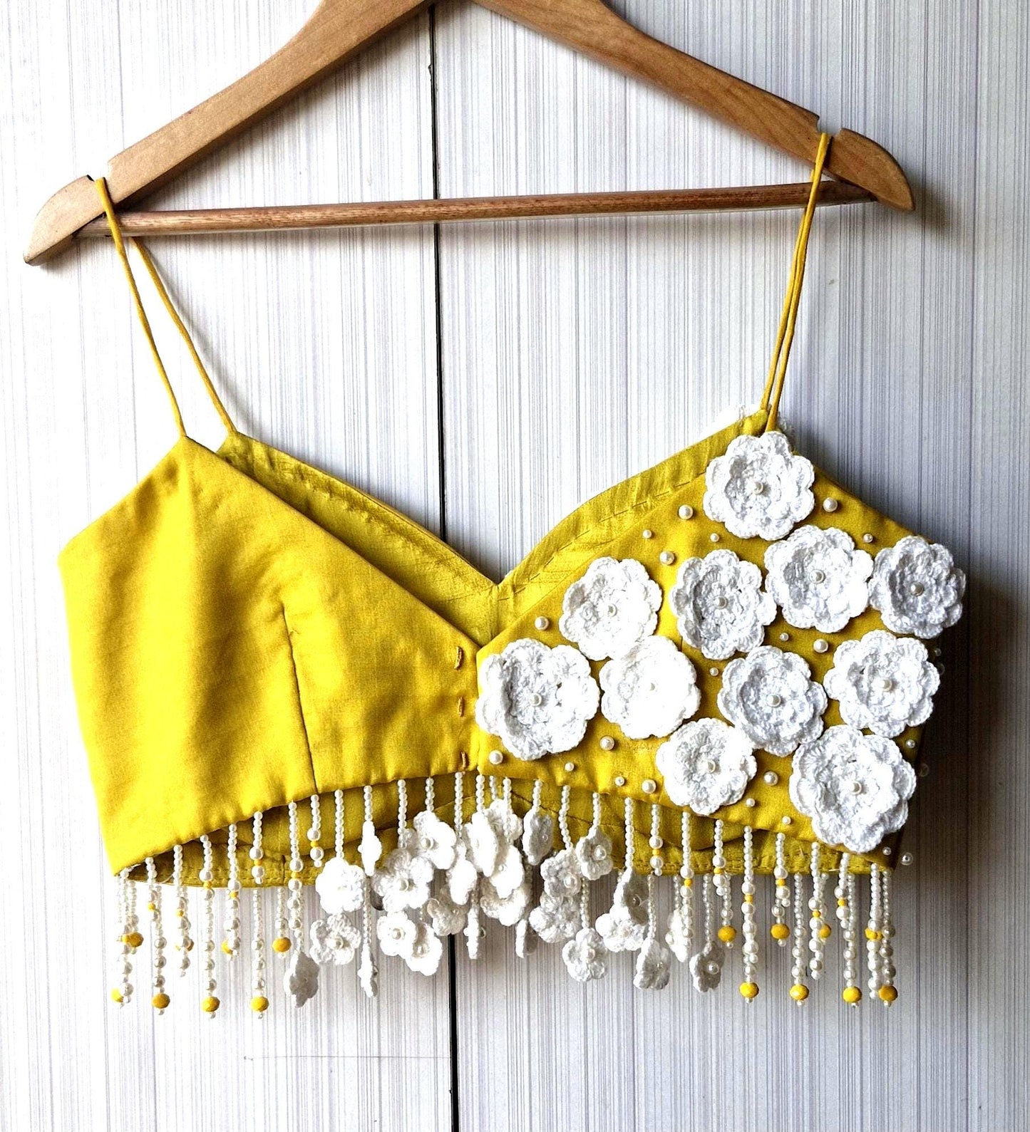 Mustard Embroidered Organza Saree Blouse, Crotchet Flowers Fringes Spaghetti DVBL_497