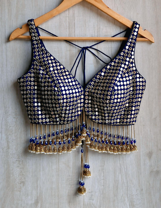 Deep Blue Embroidered Georgette Saree Blouse, Deep V Neck, Jhumka Fringes DVBL_490