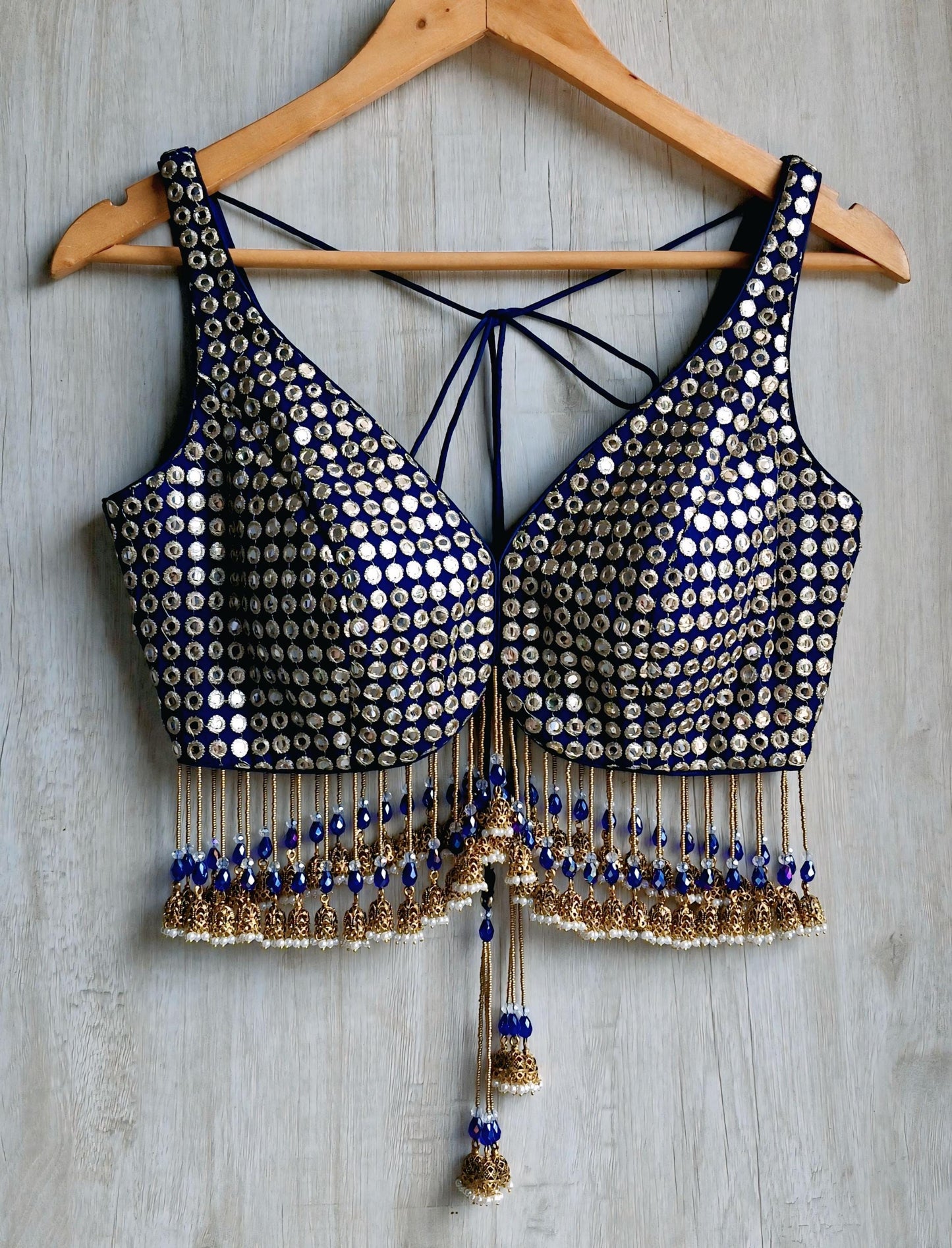 Deep Blue Embroidered Georgette Saree Blouse, Deep V Neck, Jhumka Fringes DVBL_490