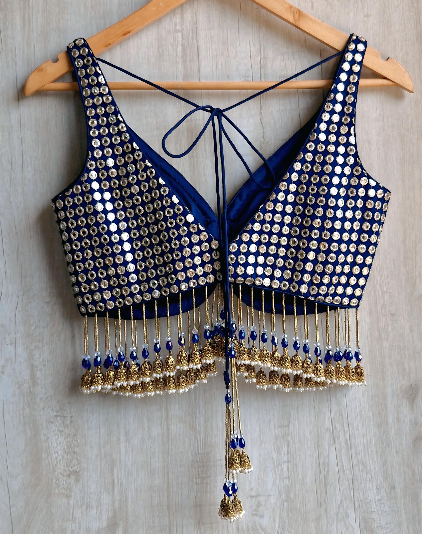 Deep Blue Embroidered Georgette Saree Blouse, Deep V Neck, Jhumka Fringes DVBL_490