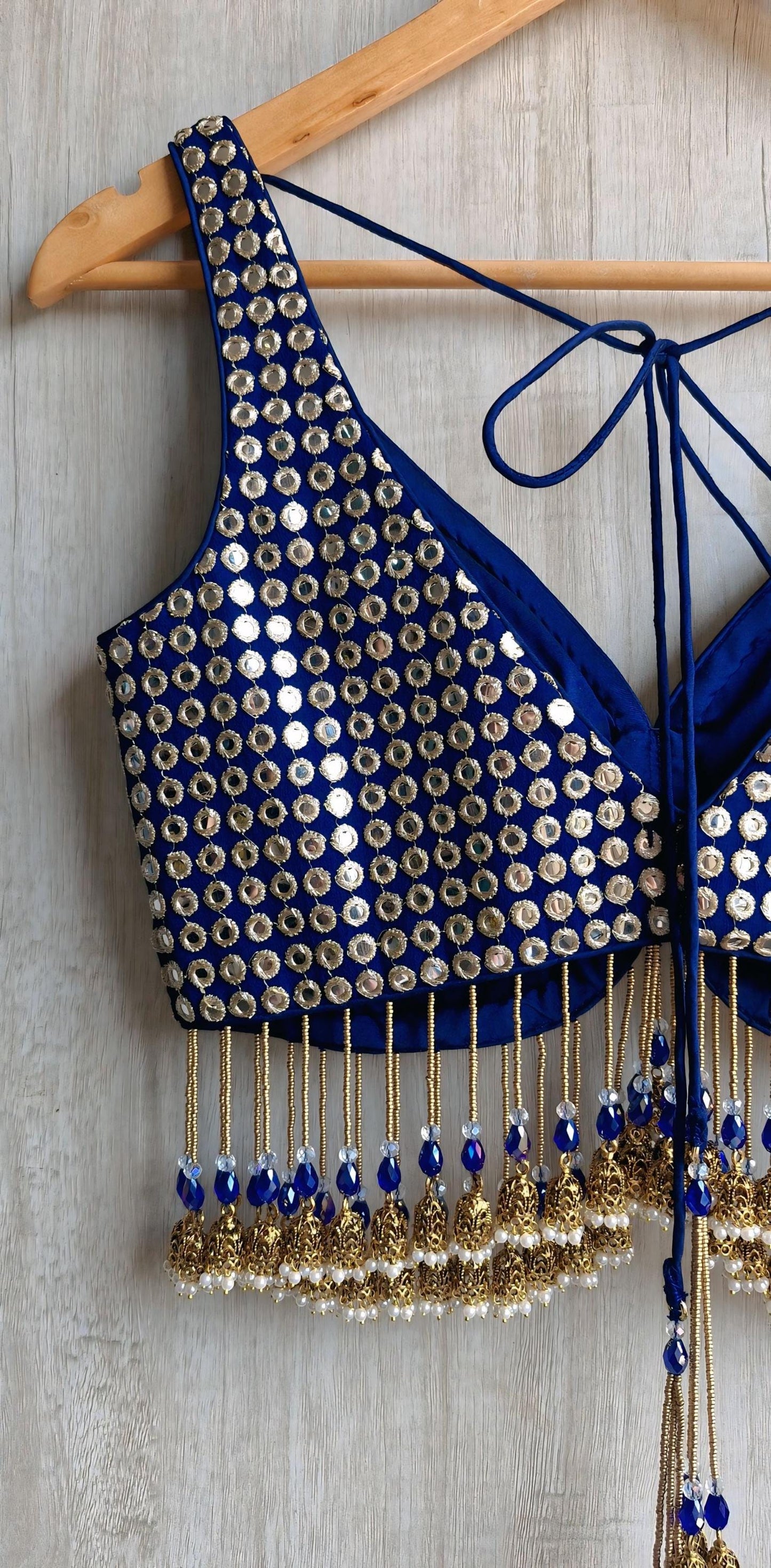 Deep Blue Embroidered Georgette Saree Blouse, Deep V Neck, Jhumka Fringes DVBL_490