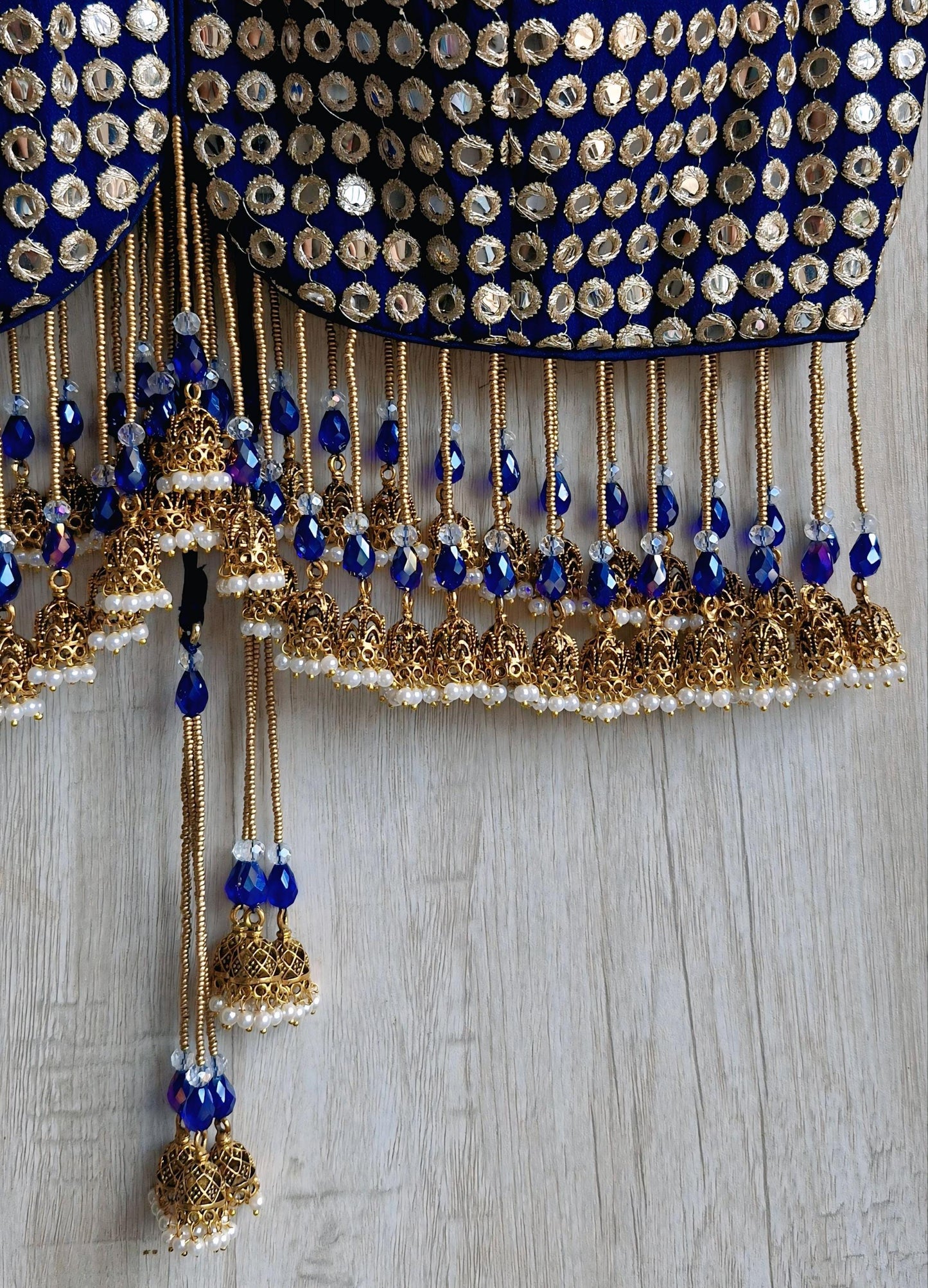 Deep Blue Embroidered Georgette Saree Blouse, Deep V Neck, Jhumka Fringes DVBL_490