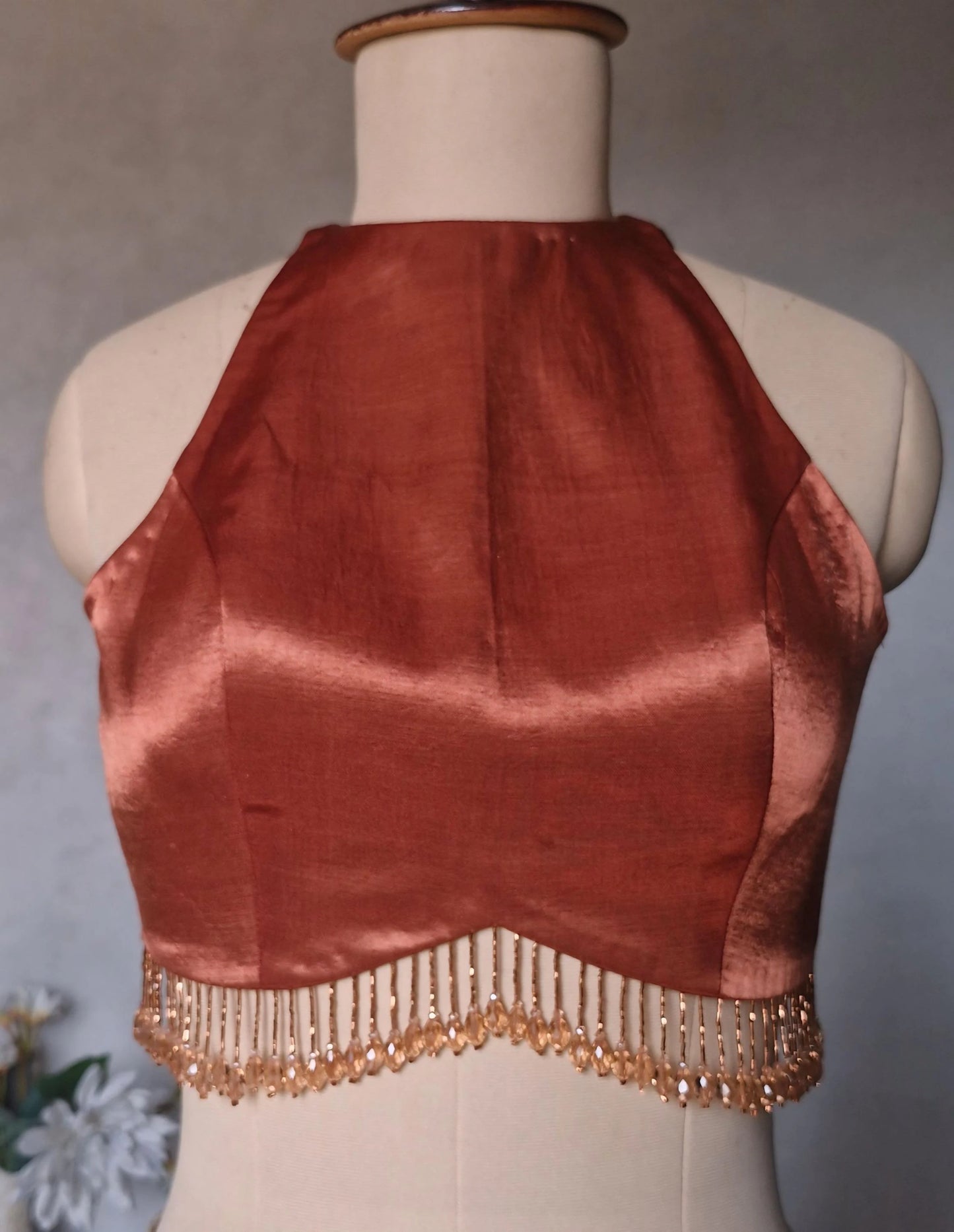 Dark Rust Gajji Silk Saree Blouse, Jewel Neck, Backless DVBL_491