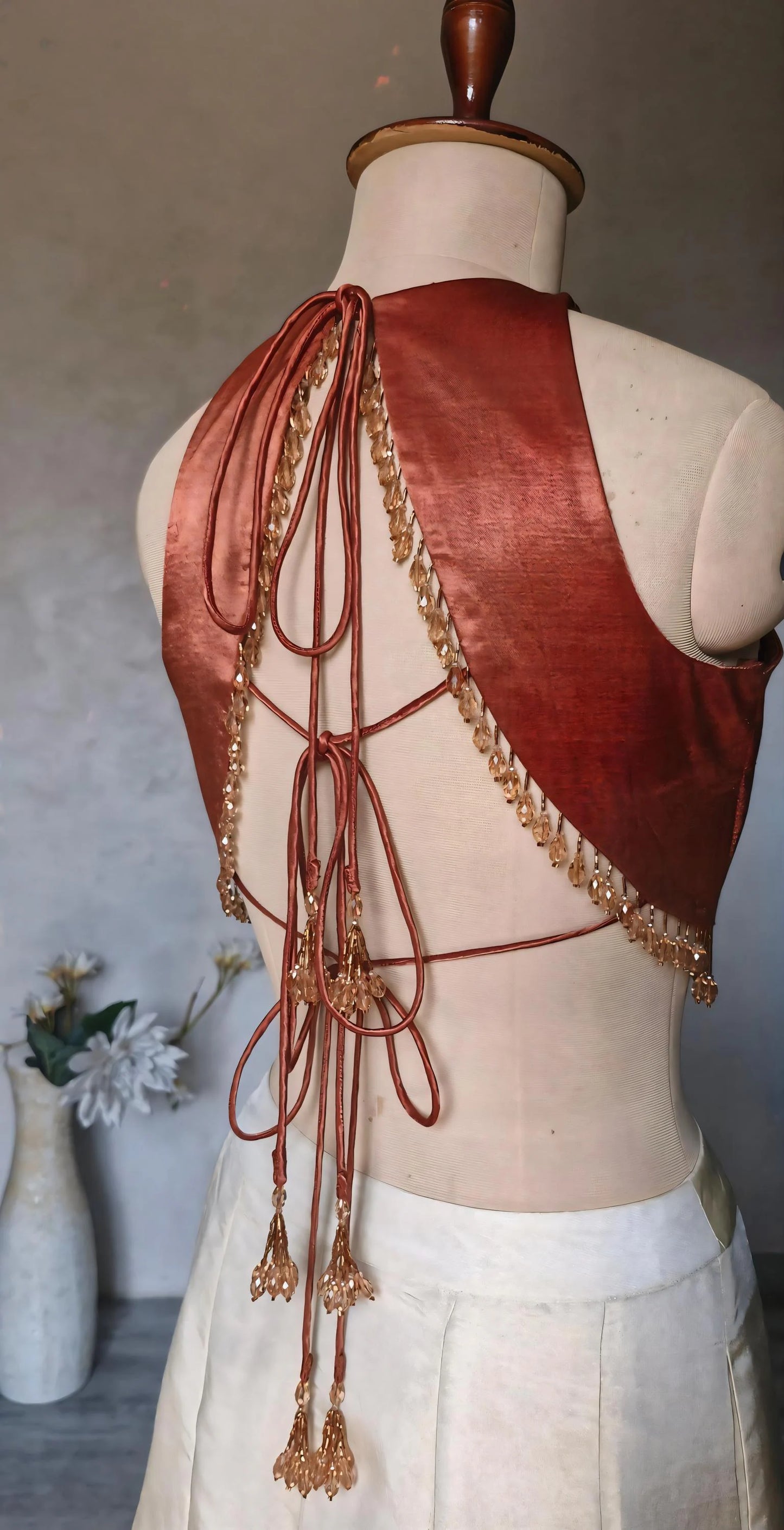 Dark Rust Gajji Silk Saree Blouse, Jewel Neck, Backless DVBL_491