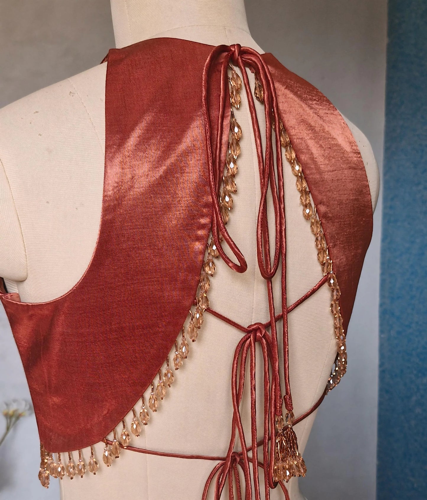 Dark Rust Gajji Silk Saree Blouse, Jewel Neck, Backless DVBL_491