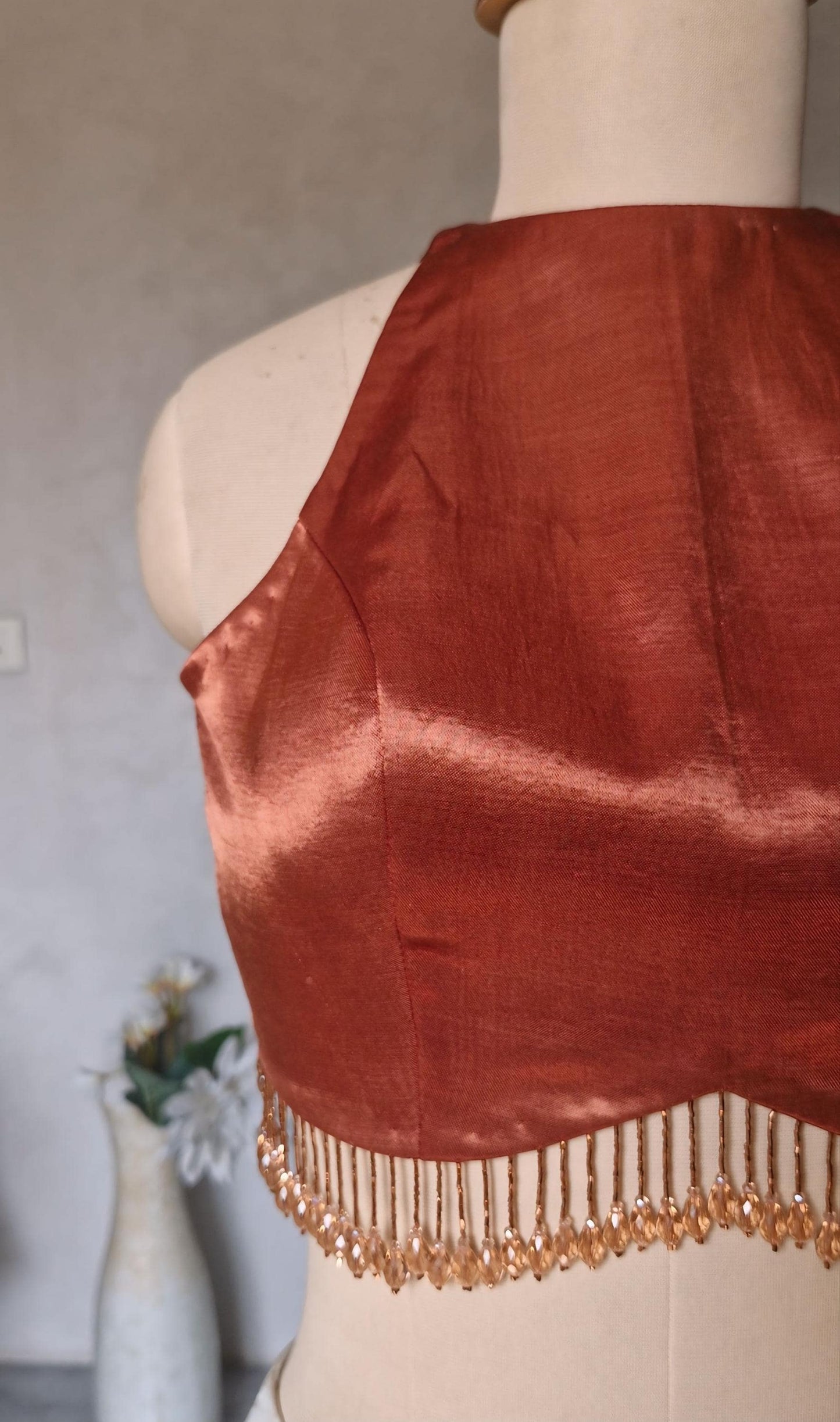 Dark Rust Gajji Silk Saree Blouse, Jewel Neck, Backless DVBL_491