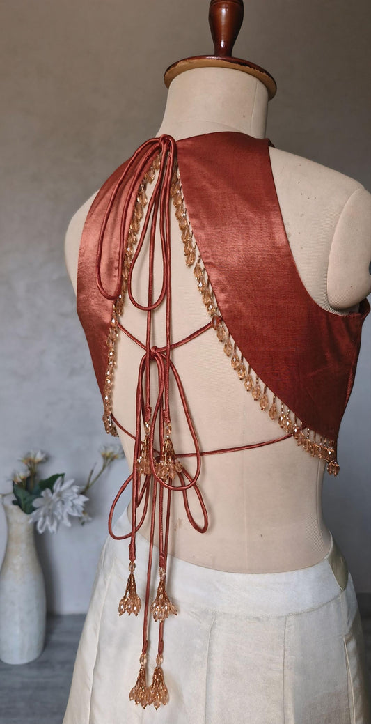 Dark Rust Gajji Silk Saree Blouse, Jewel Neck, Backless DVBL_491
