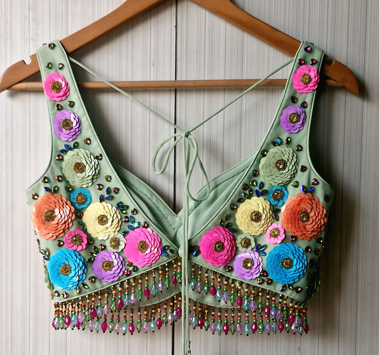 Hand Embroidered Mint Green Blouse, Multicolor Floral, Deep Sweetheart Neck DVBL_492