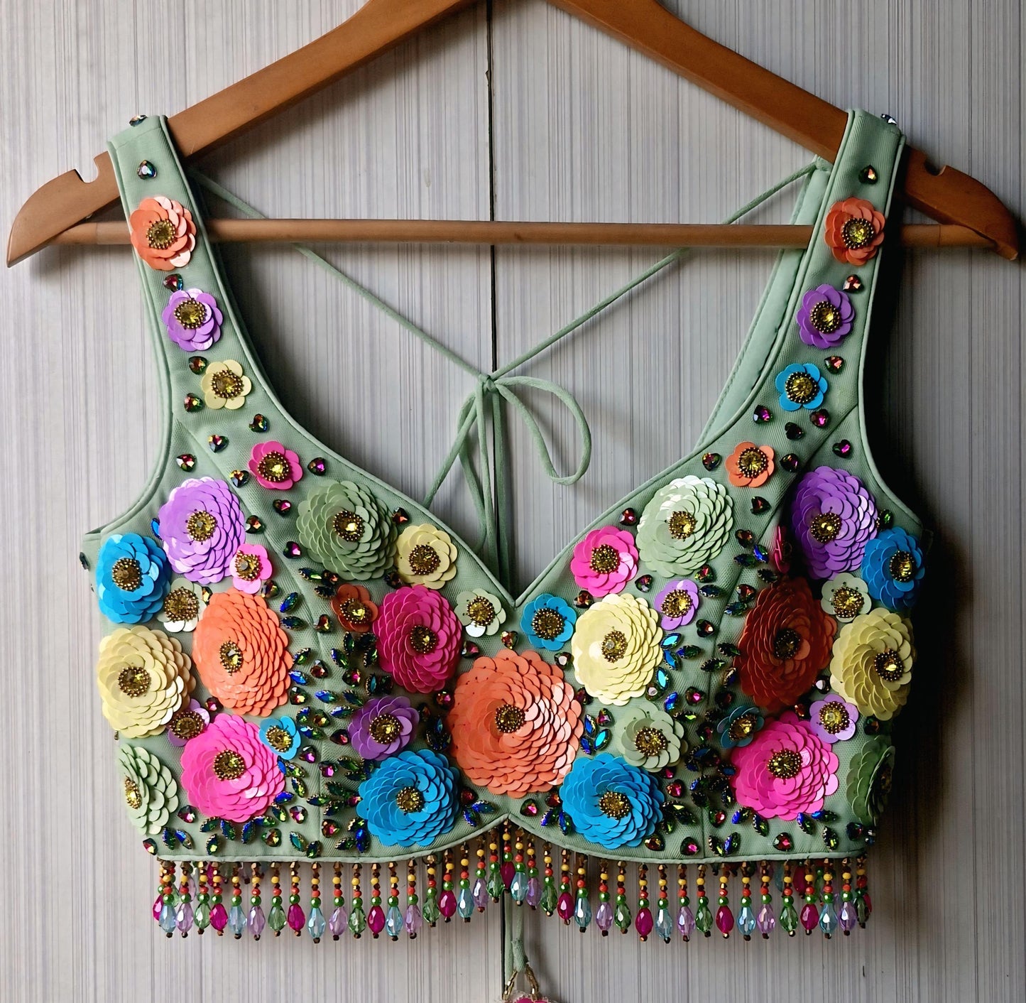 Hand Embroidered Mint Green Blouse, Multicolor Floral, Deep Sweetheart Neck DVBL_492
