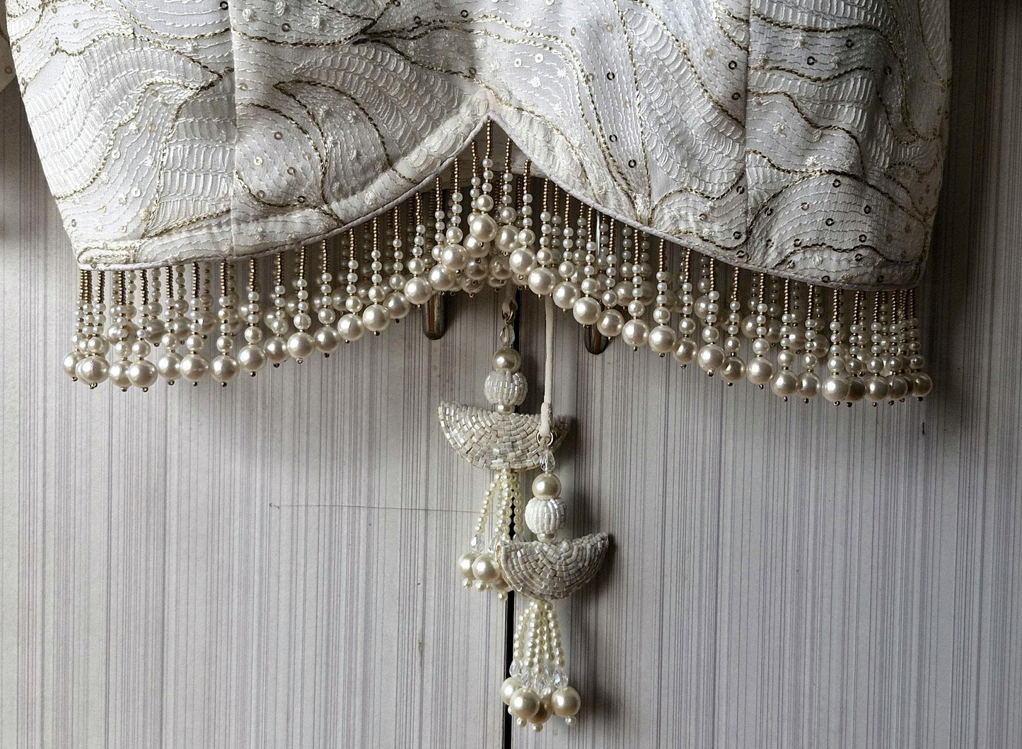 Ivory Embroidered Georgette Saree Blouse, Pearls Fringes, Elbow Sleeves DVBL_498