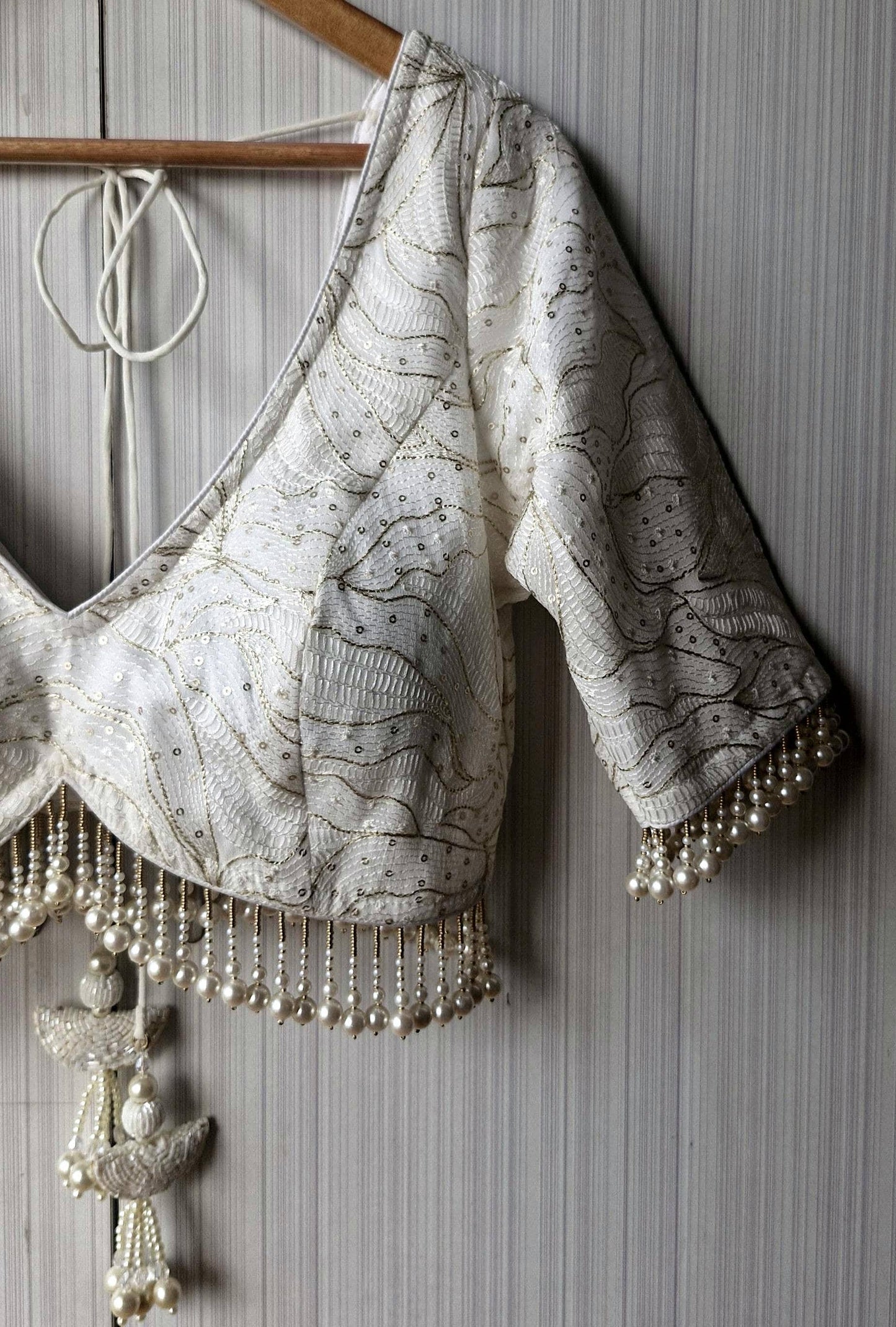 Ivory Embroidered Georgette Saree Blouse, Pearls Fringes, Elbow Sleeves DVBL_498