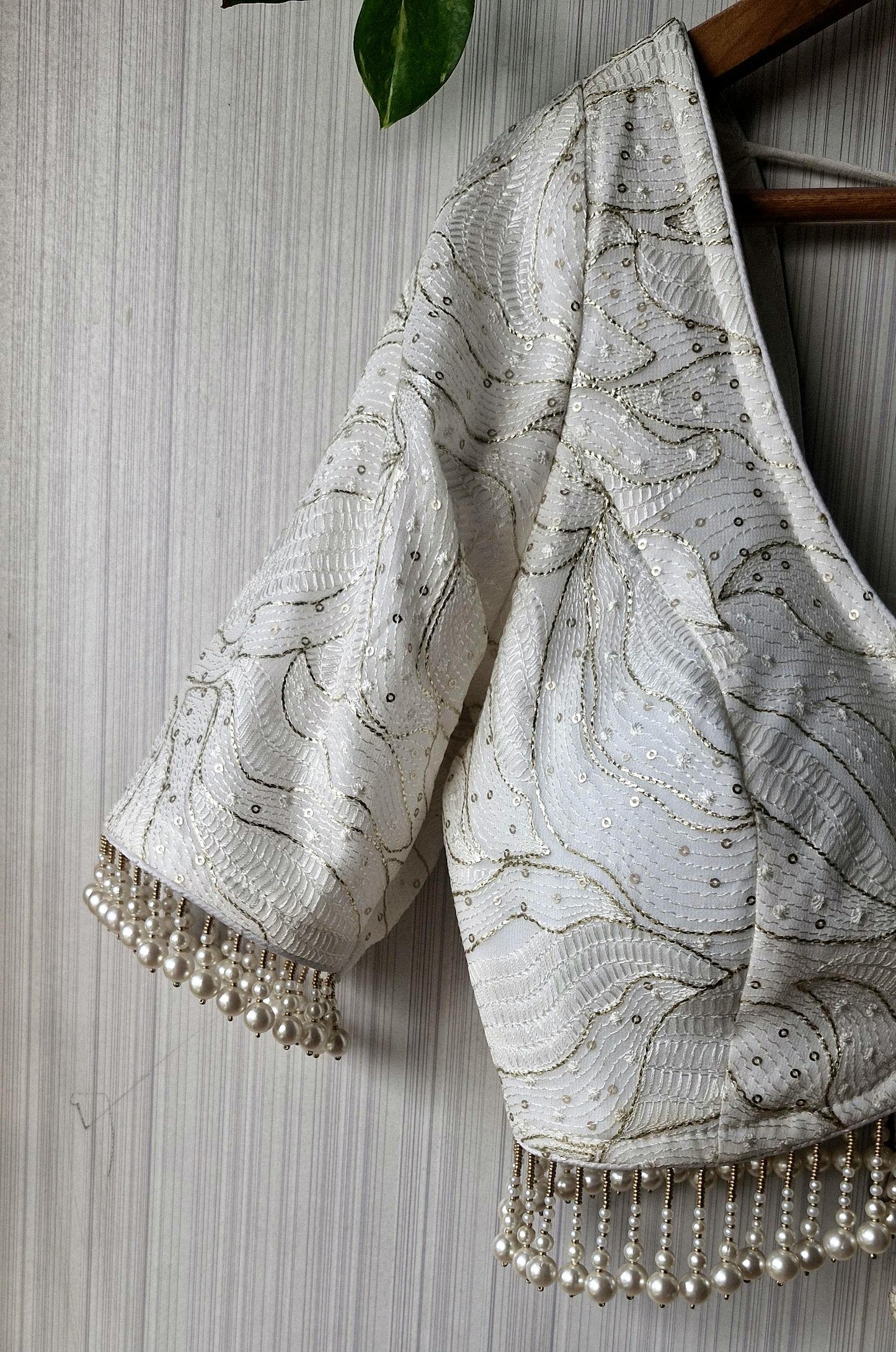 Ivory Embroidered Georgette Saree Blouse, Pearls Fringes, Elbow Sleeves DVBL_498