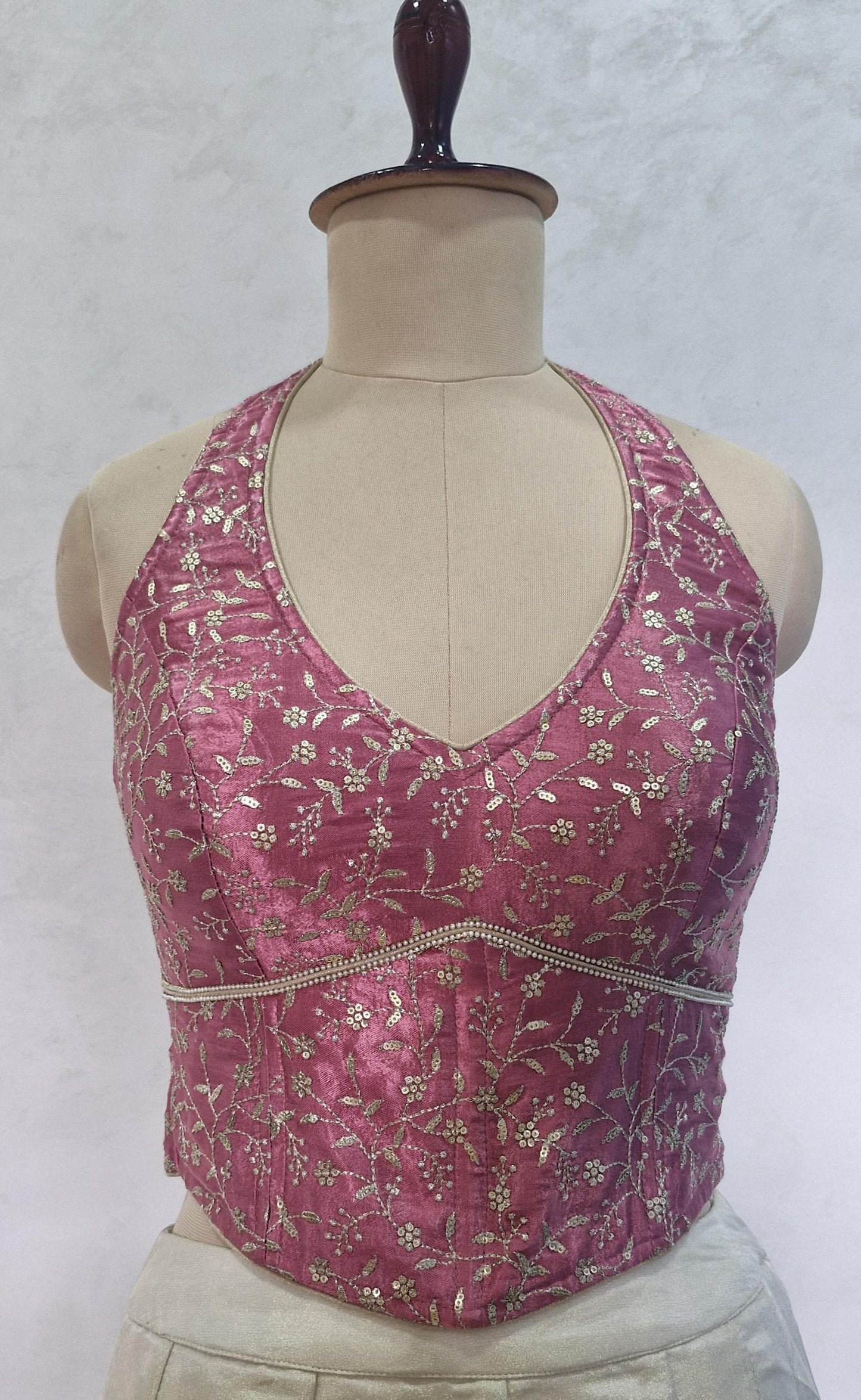 Mauve Rose Pink Embroidered Silk Corset Blouse - Halter Neck DVCB_017