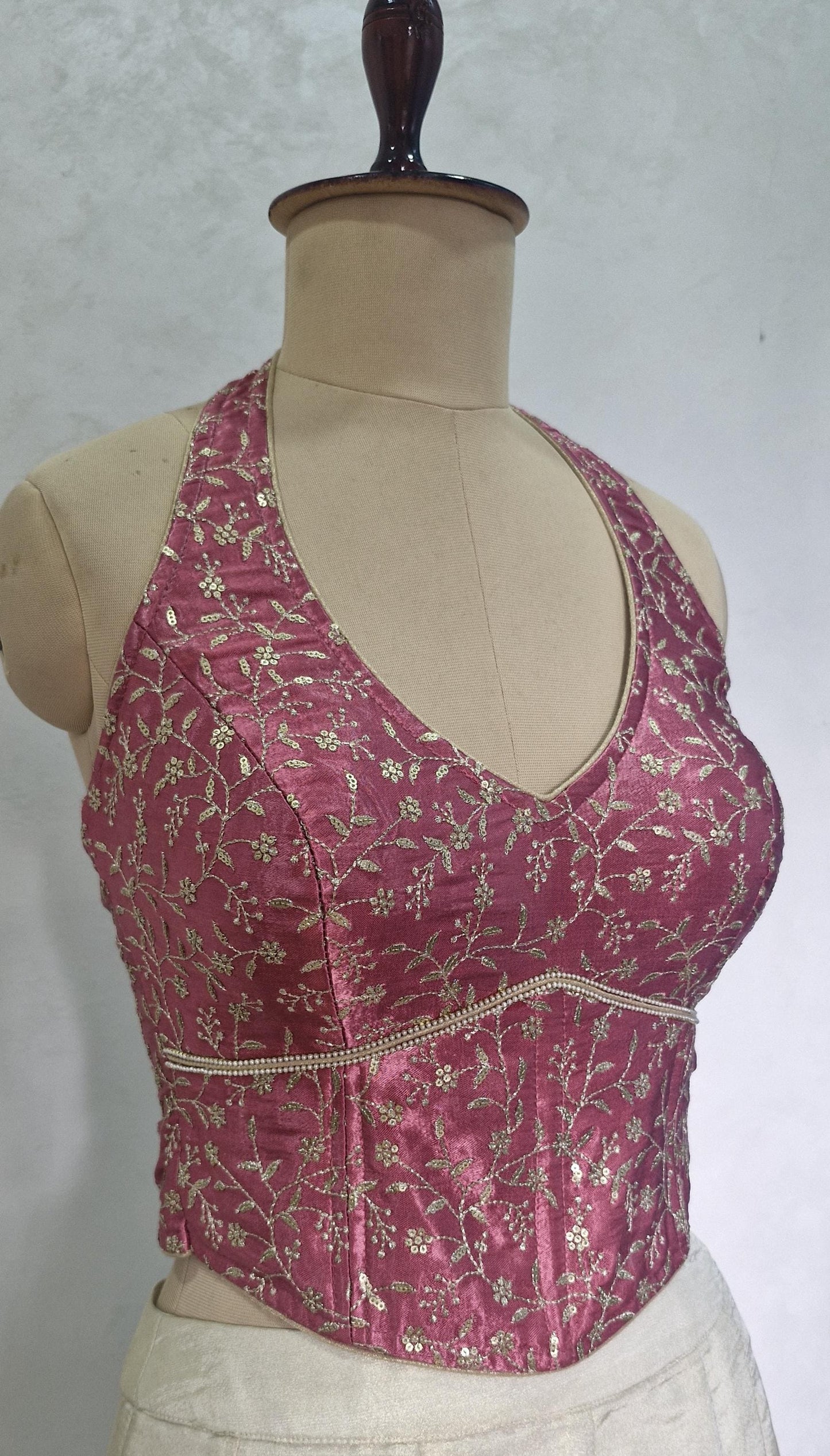 Mauve Rose Pink Embroidered Silk Corset Blouse - Halter Neck DVCB_017