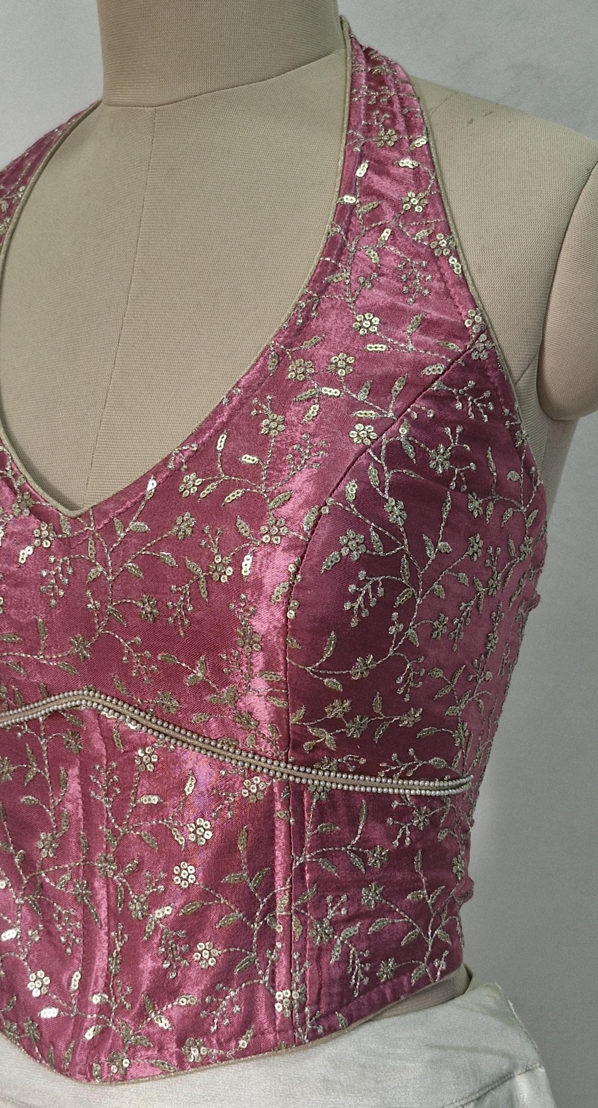 Mauve Rose Pink Embroidered Silk Corset Blouse - Halter Neck DVCB_017