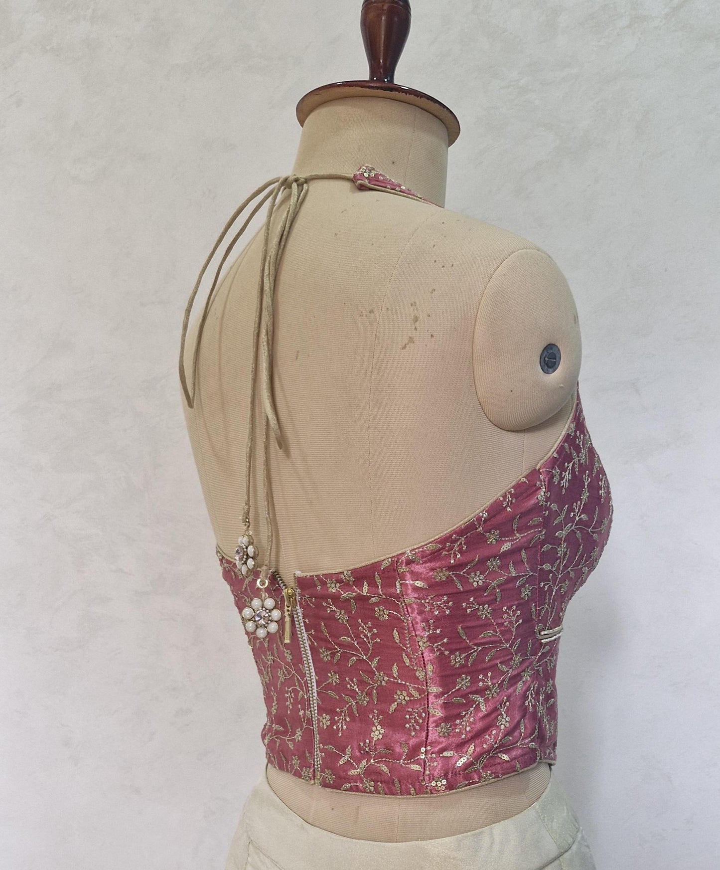 Mauve Rose Pink Embroidered Silk Corset Blouse - Halter Neck DVCB_017