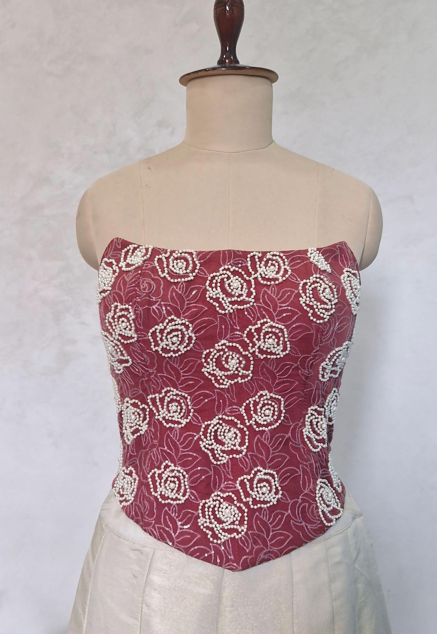 Dusty Rose Hand Embroidered Organza Corset Blouse Strapless DVCB_016